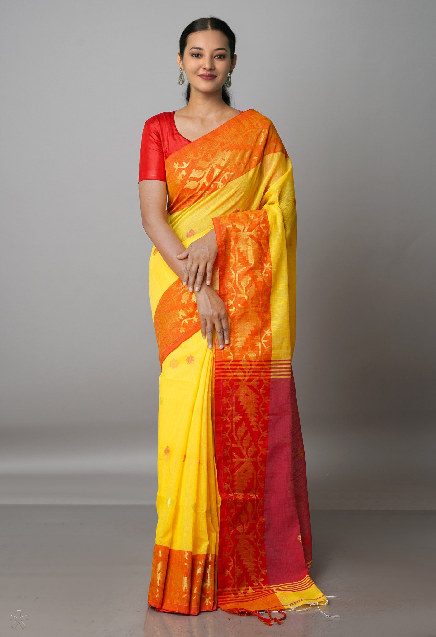 Light Orange Pure Handloom Jamdhani Bengal Sico Saree-UNM69413