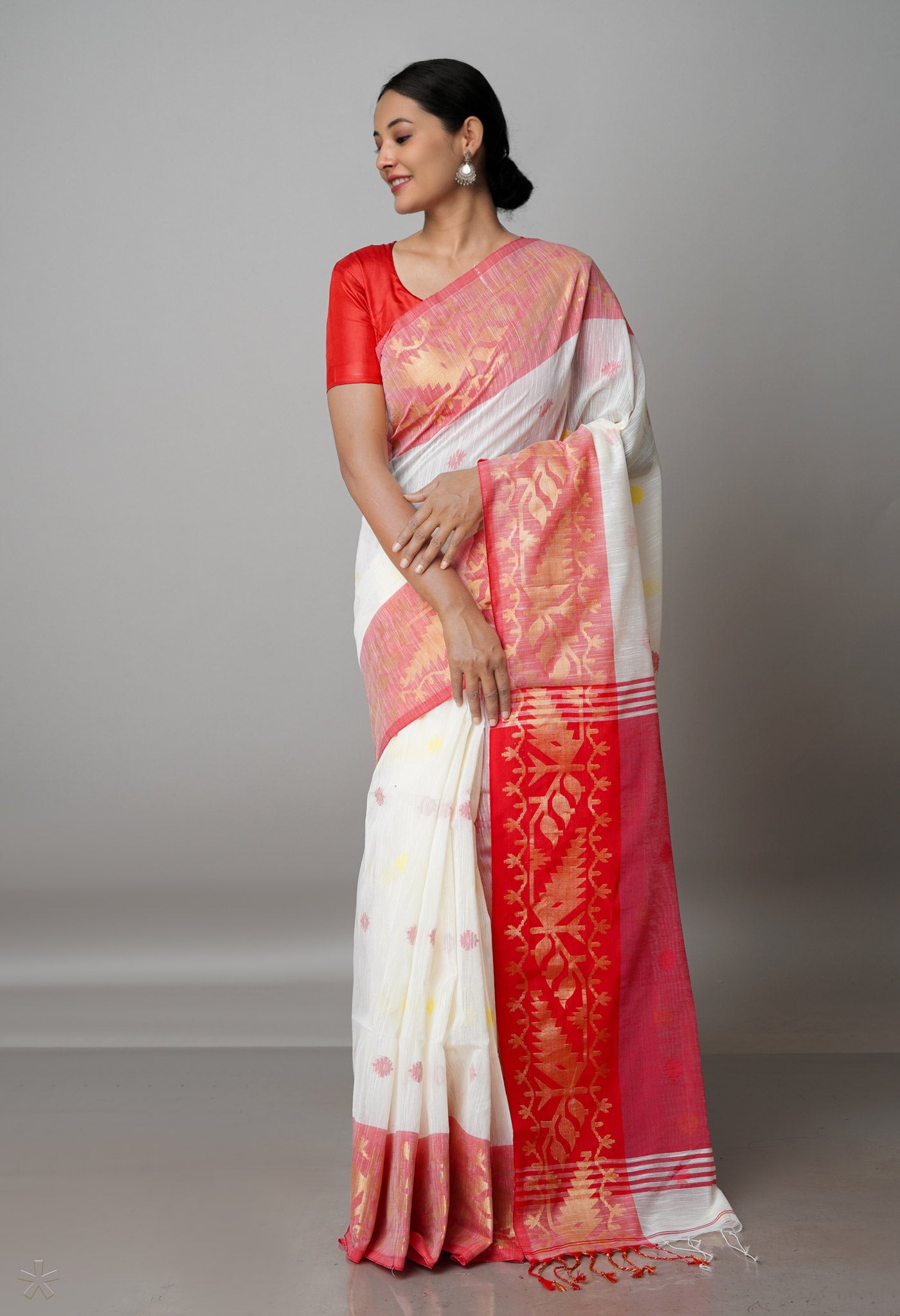 White Pure Handloom Jamdhani Bengal Sico Saree-UNM69416