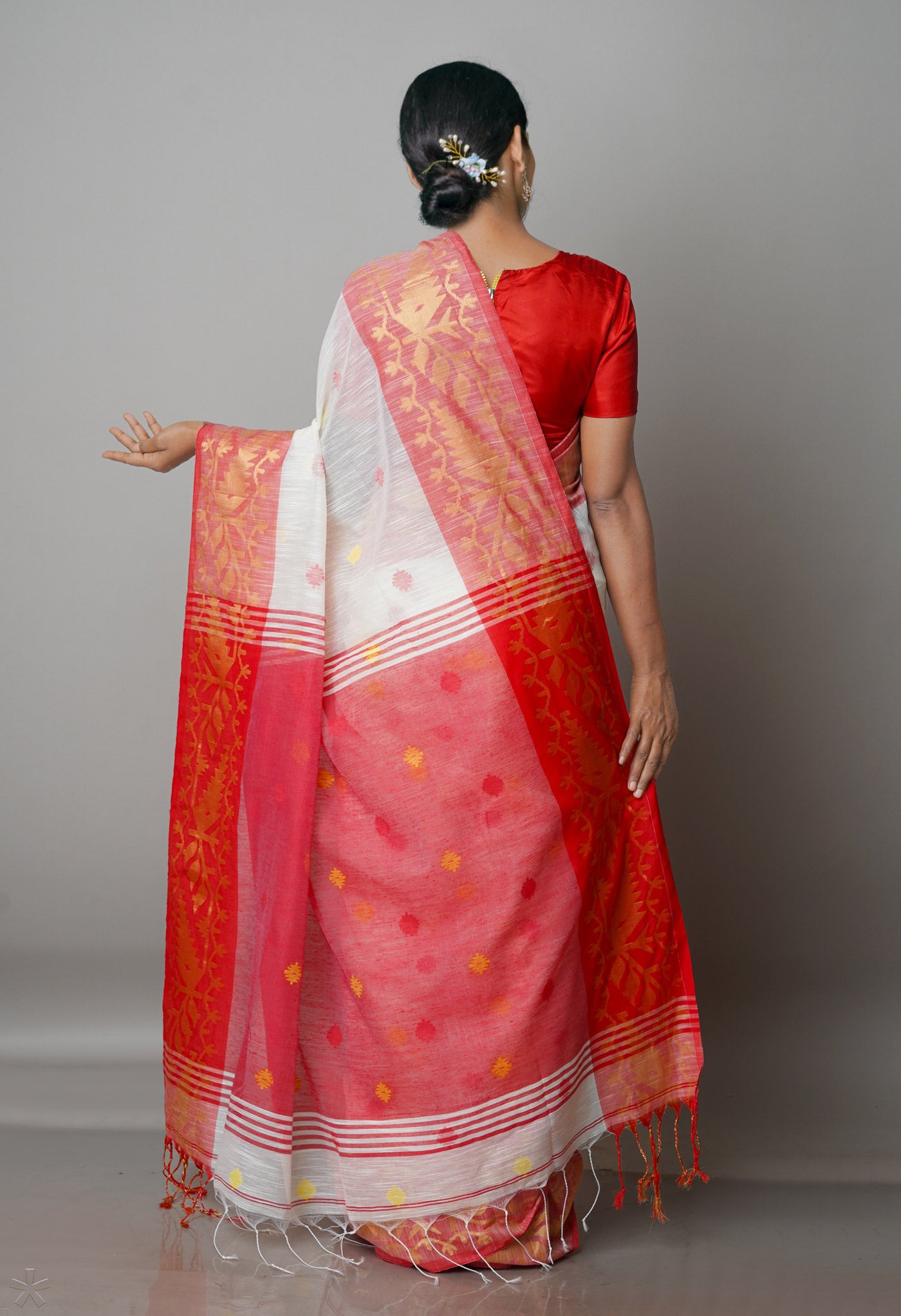 White Pure Handloom Jamdhani Bengal Sico Saree-UNM69416