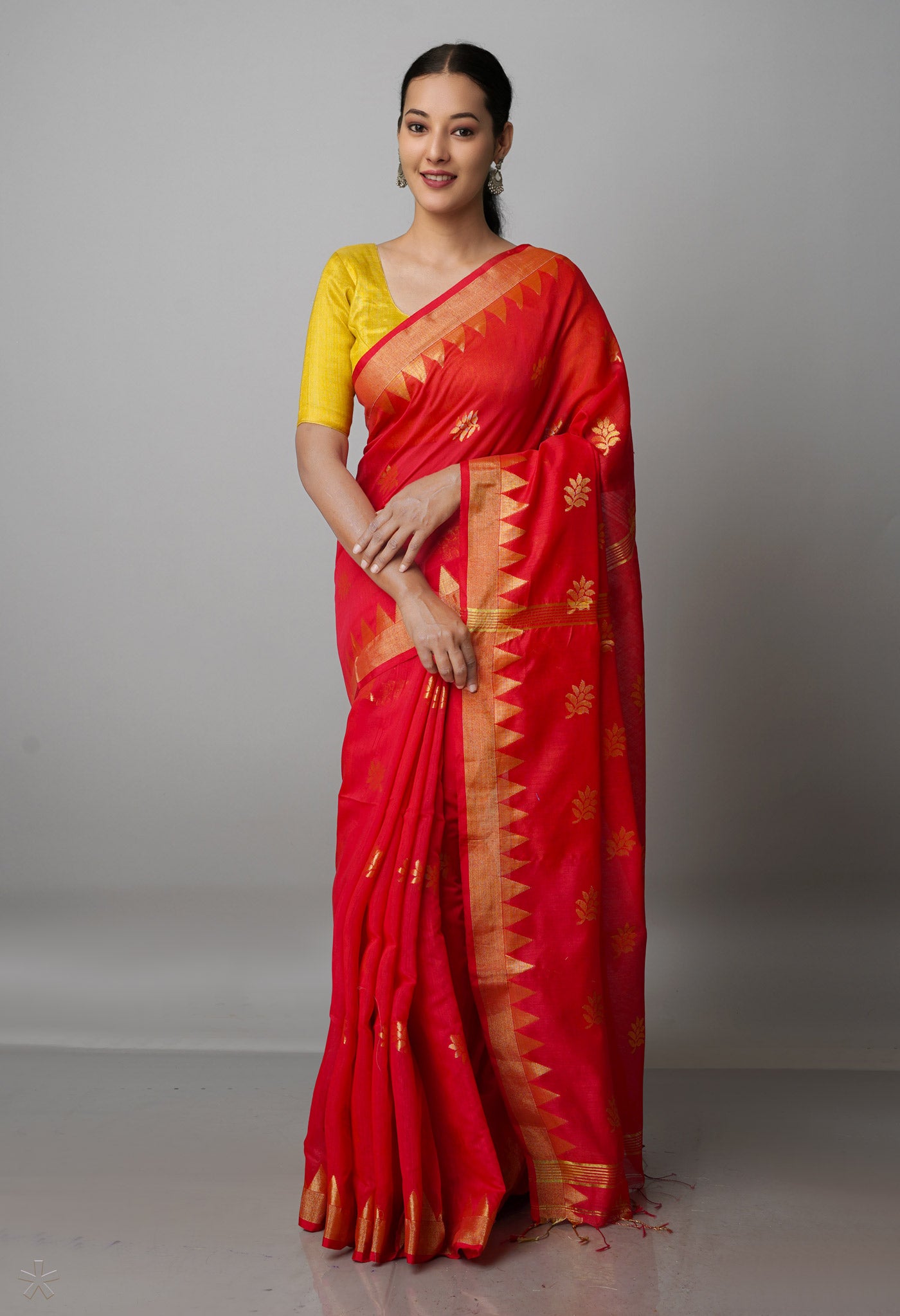 Candy Red Pure Handloom Jamdhani Bengal Sico Saree-UNM69435