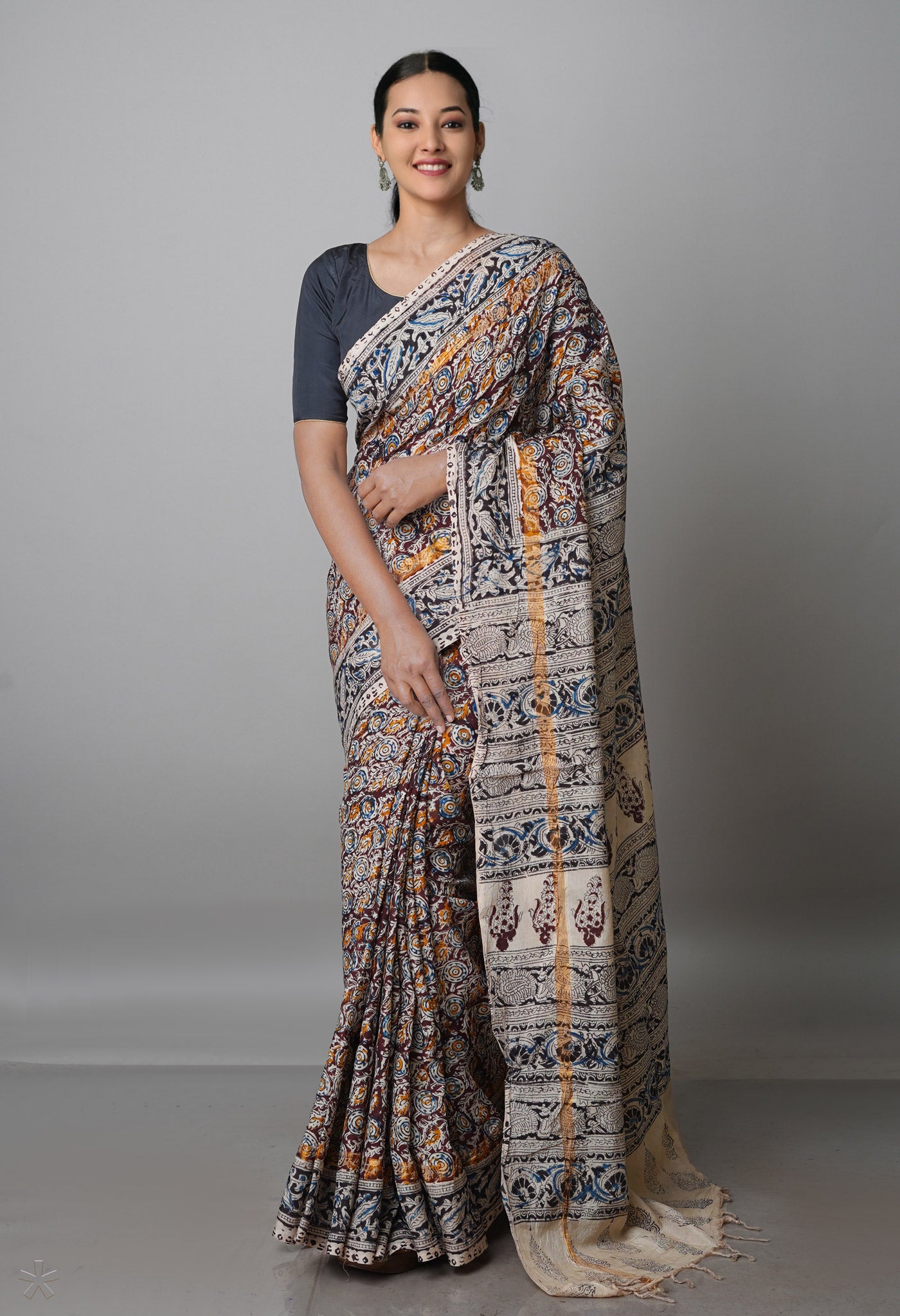 Multi Pure  Kalamkari Block Printed Silk Saree-UNM69545