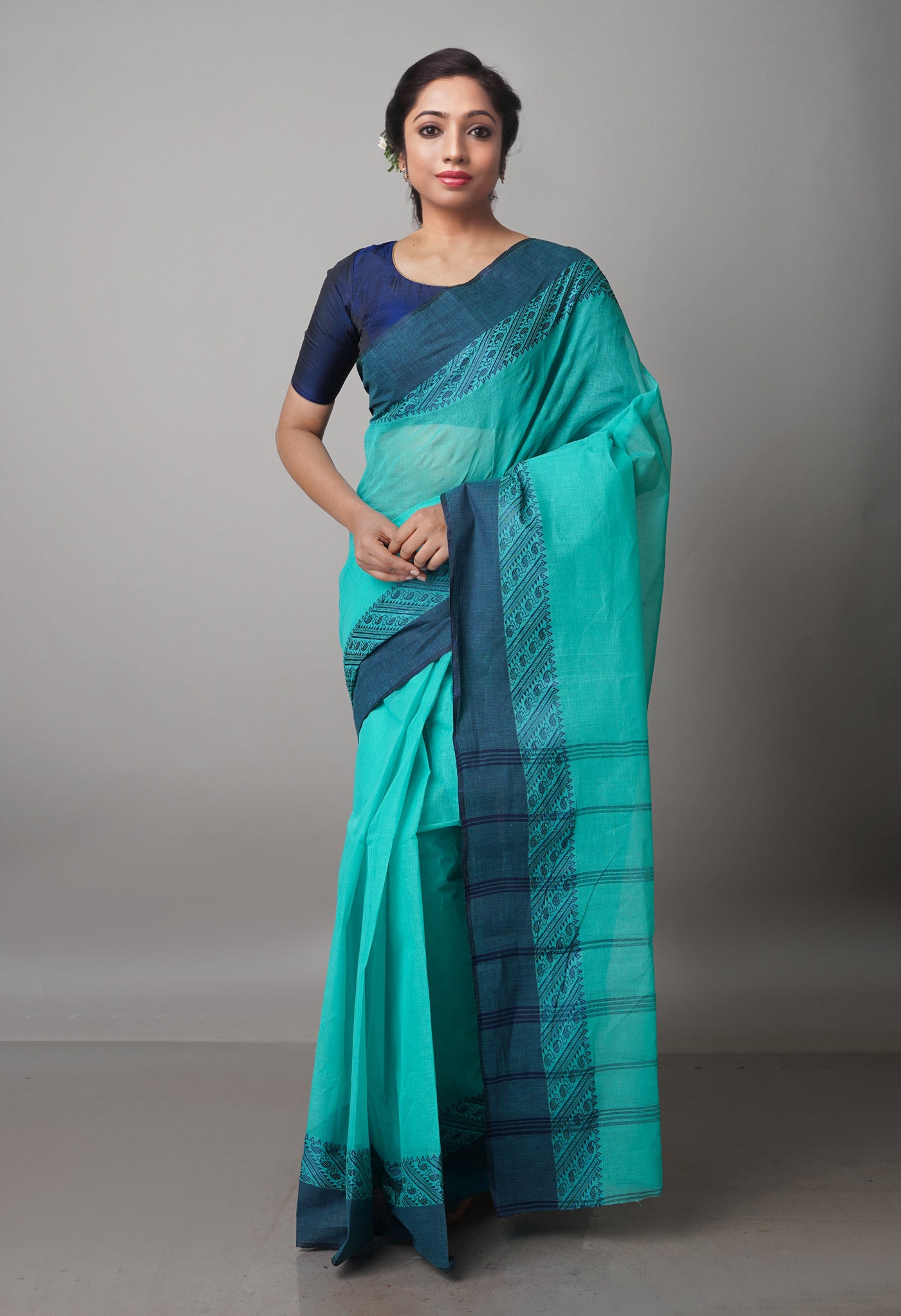 Sea Green Pure  Handloom Superfine Bengal Cotton Saree-UNM69701