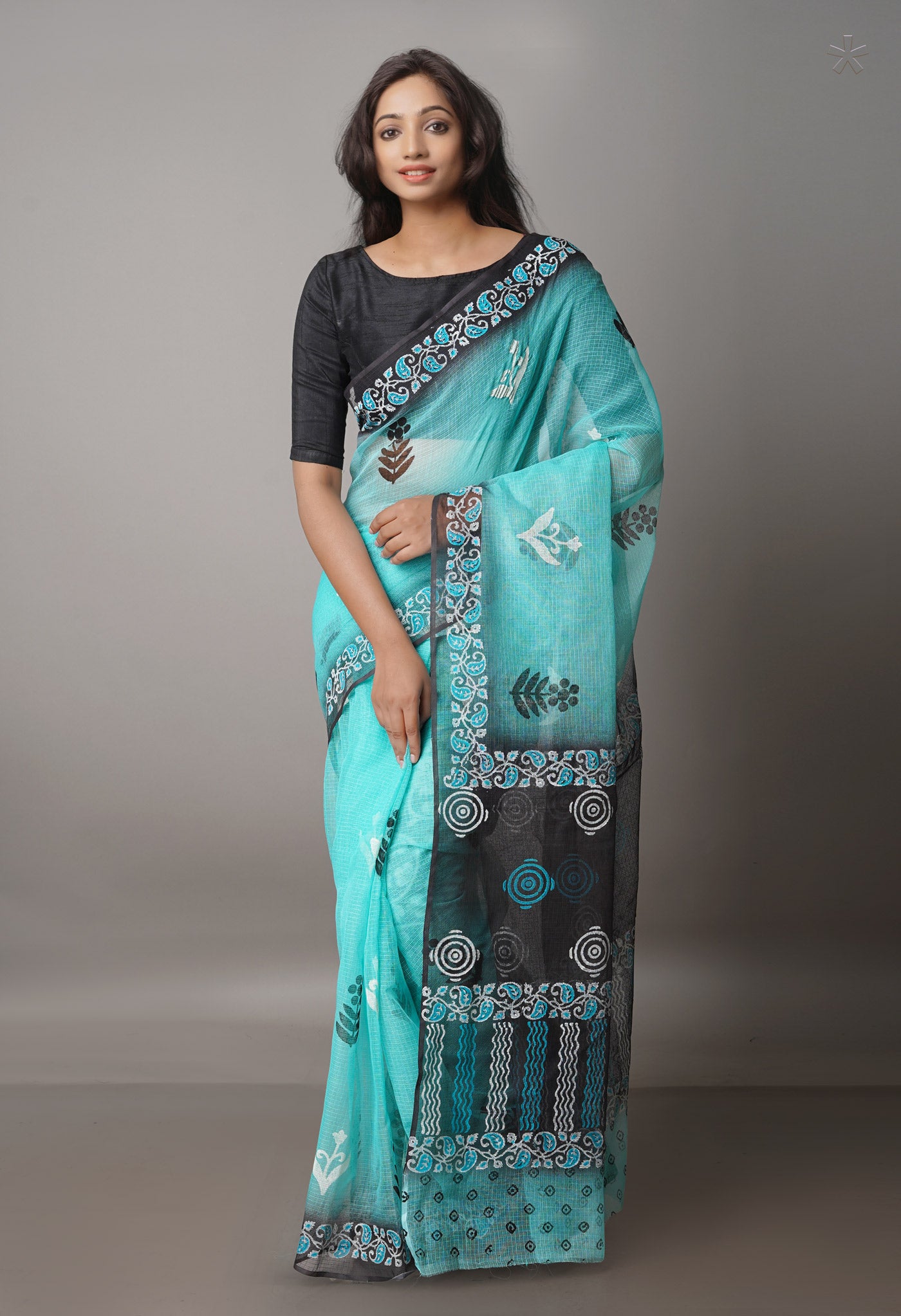 Turquoise Blue Pure  Block Printed Kota Cotton Saree With Kalamkari Blouse Piece-UNM69850