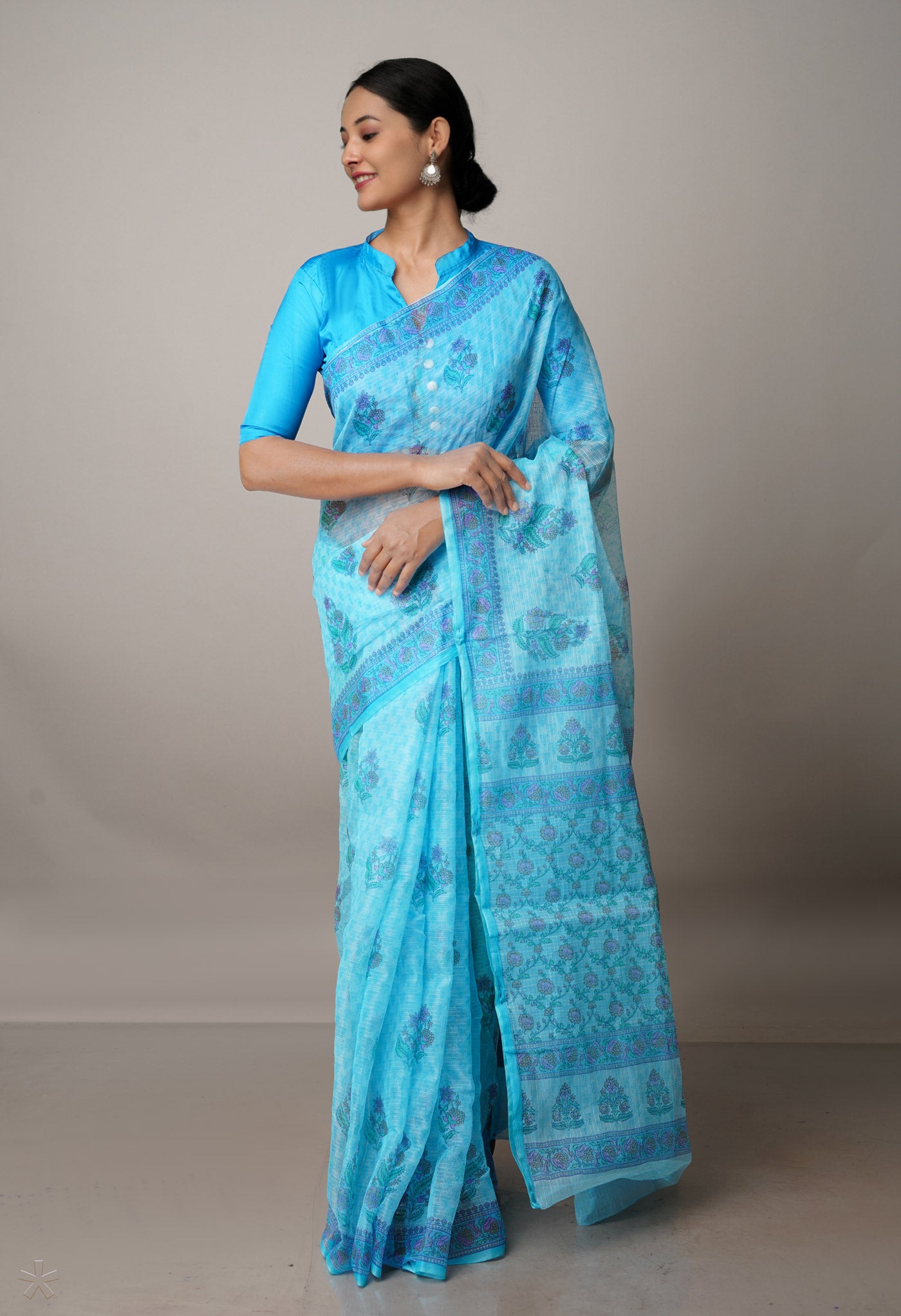 Sky Blue Pure  Block Printed Kota Cotton Saree-UNM69928