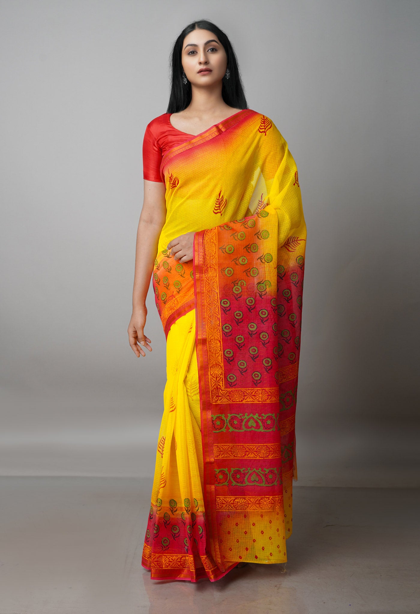 Yellow Pure  Block Printed Kota Cotton Saree-UNM69943