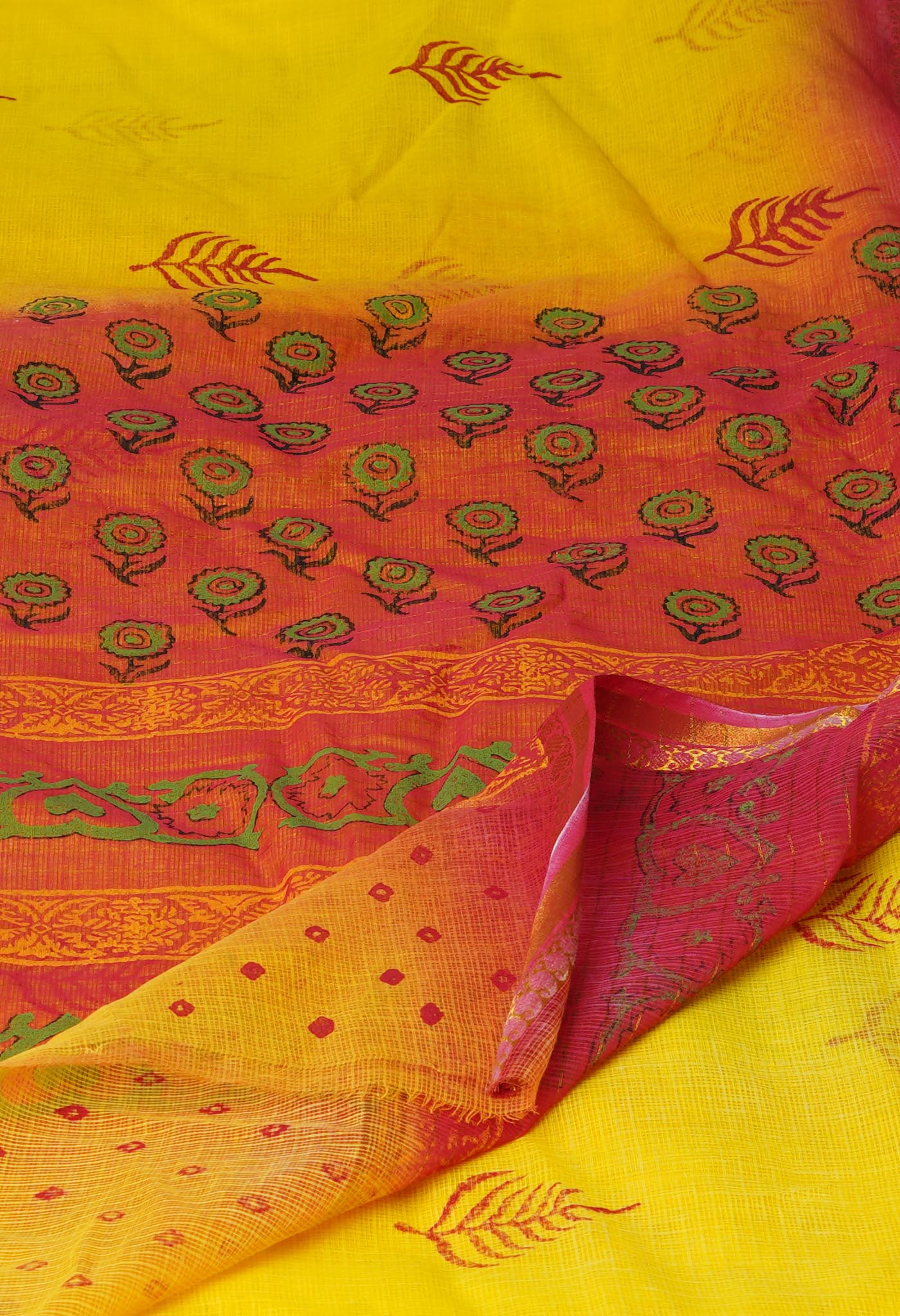 Yellow Pure  Block Printed Kota Cotton Saree-UNM69943