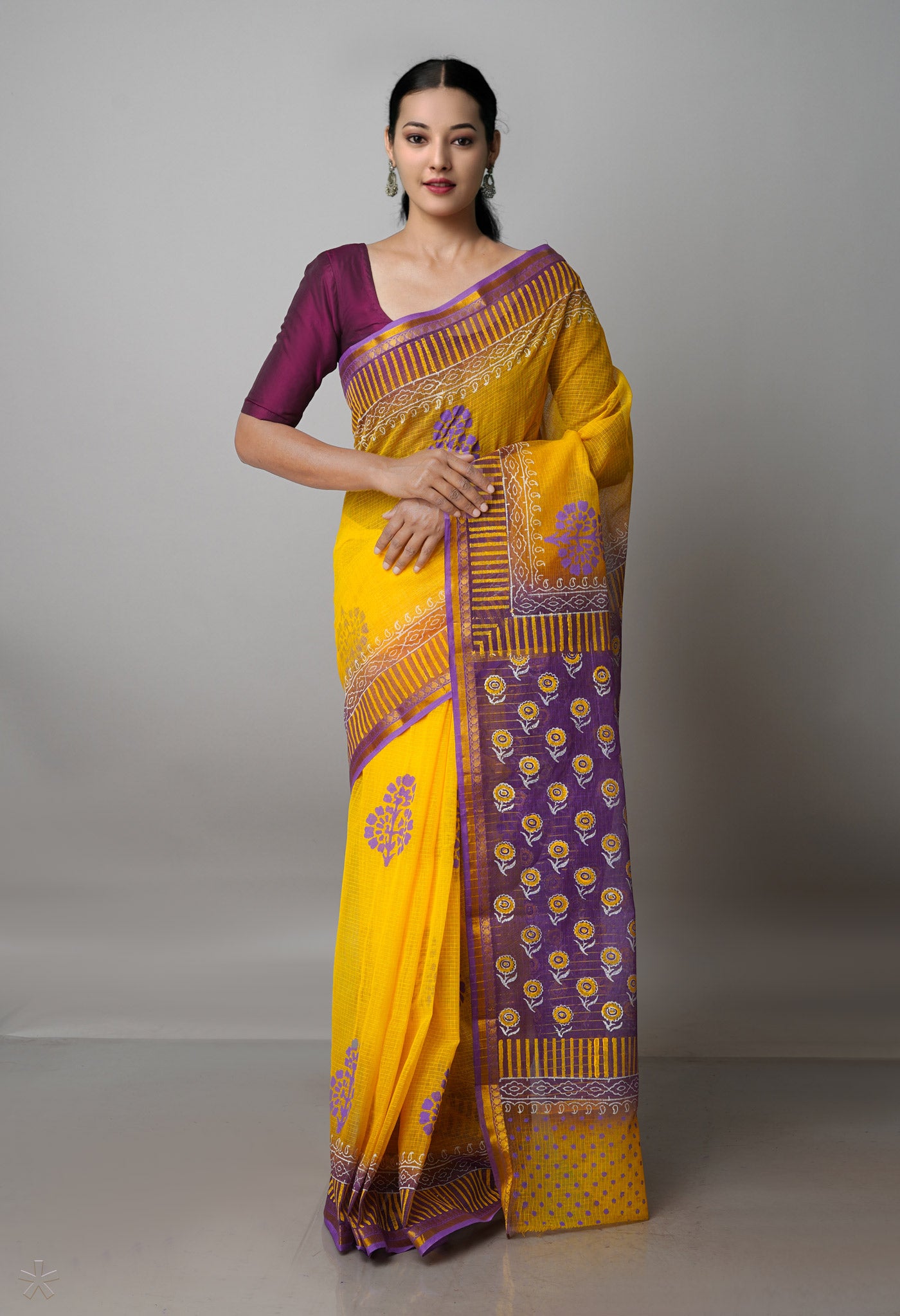 Yellow Pure  Block Printed Kota Cotton Saree-UNM69944