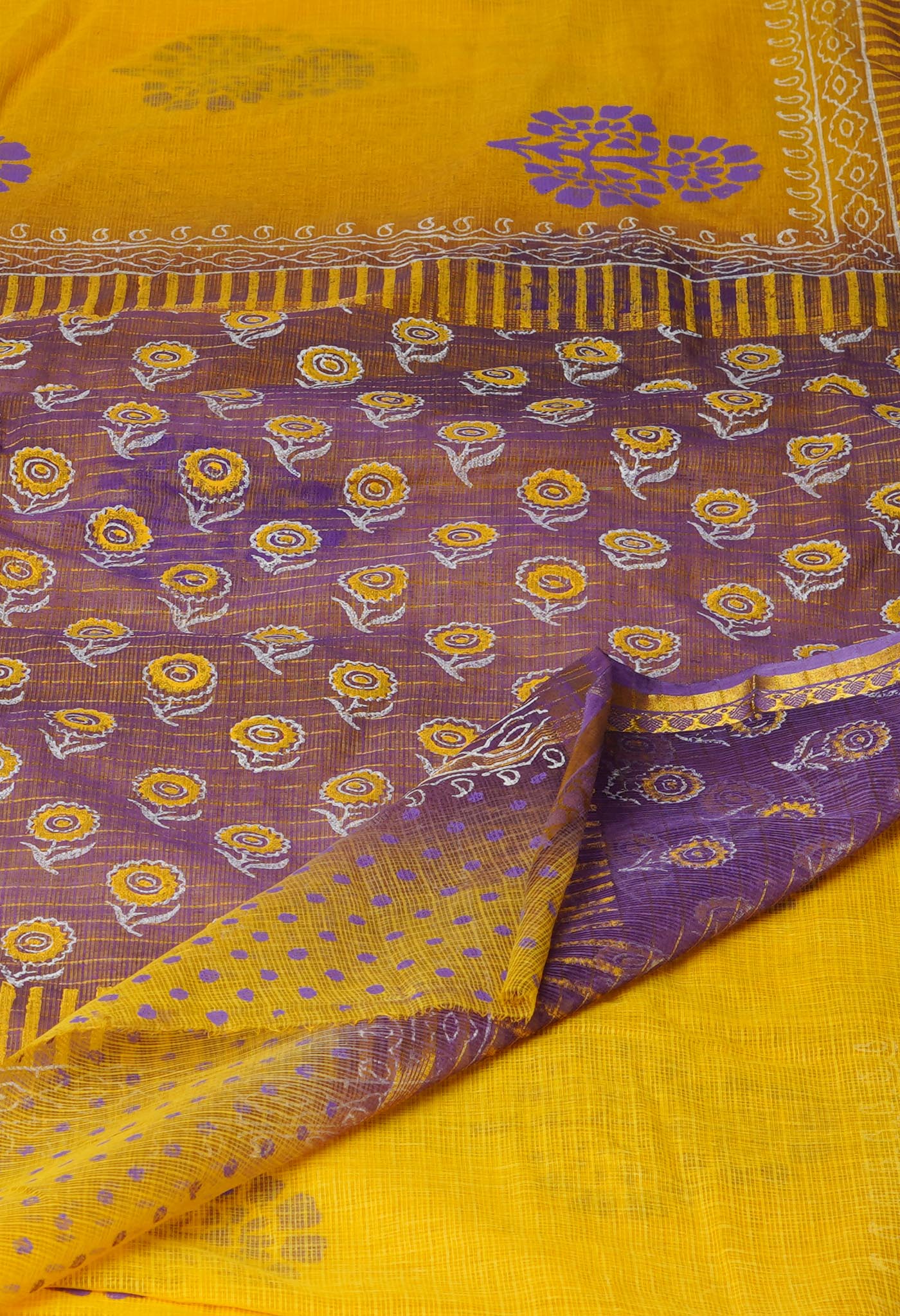 Yellow Pure  Block Printed Kota Cotton Saree-UNM69944