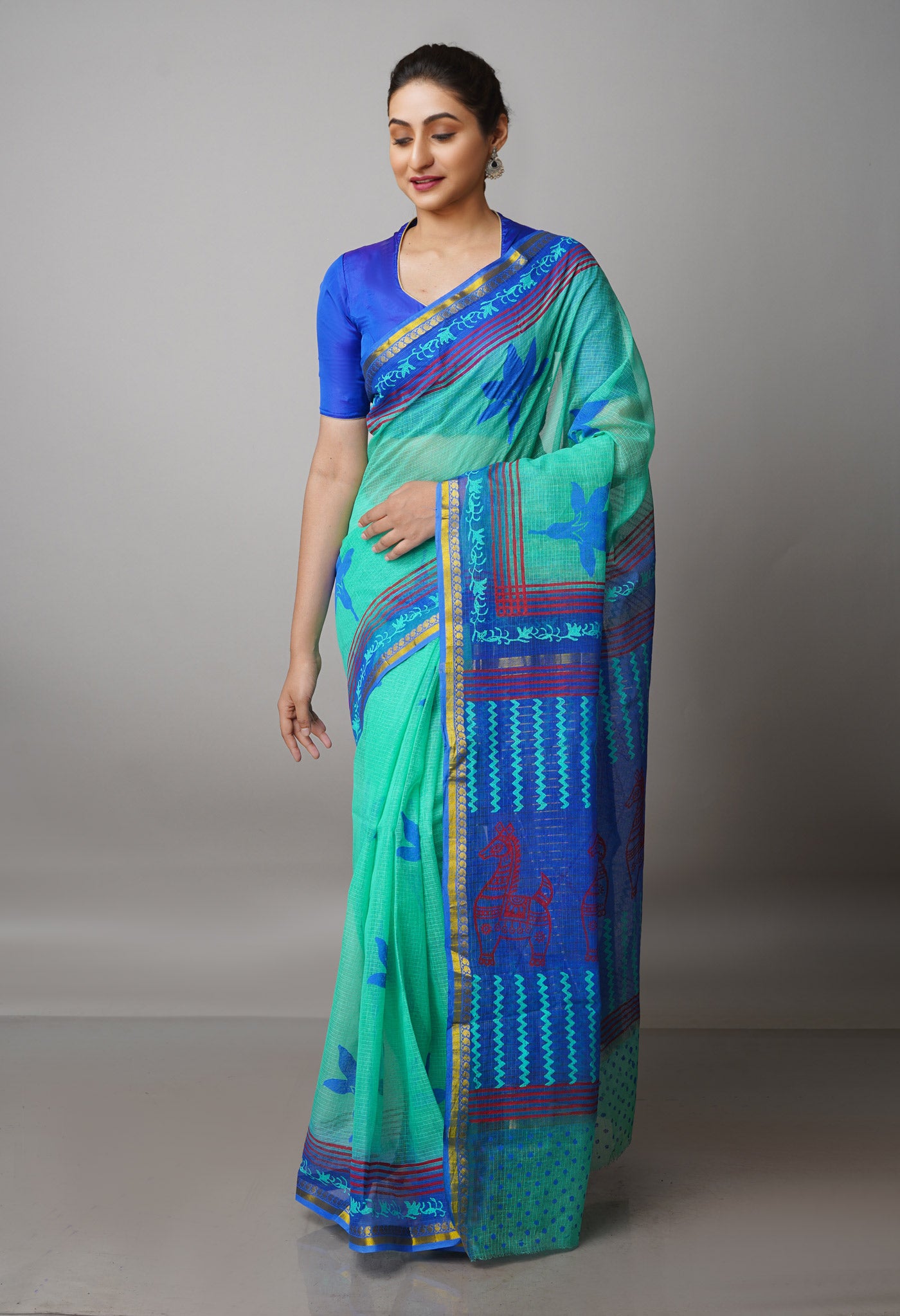 Sea Green Pure  Block Printed Kota Cotton Saree-UNM69959