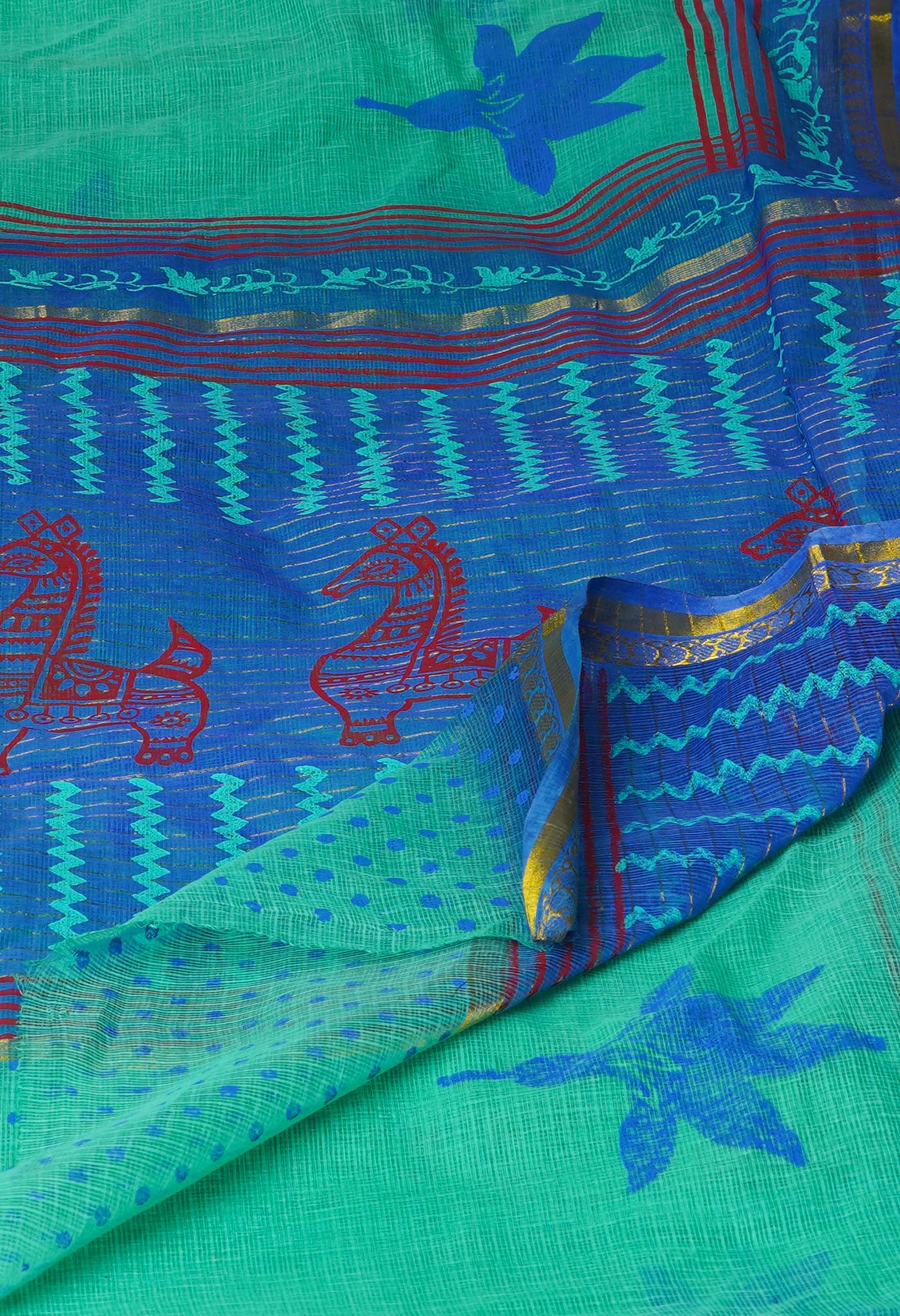 Sea Green Pure  Block Printed Kota Cotton Saree-UNM69959