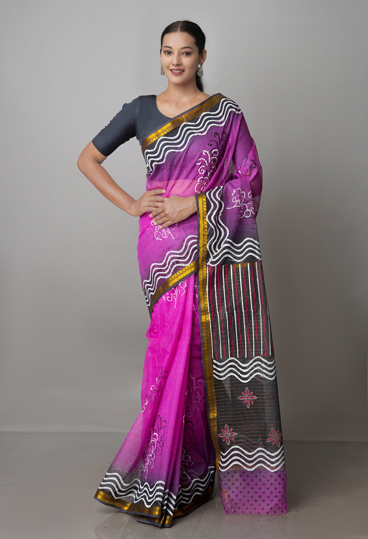 Purple Pure Block Printed Kota Cotton Saree