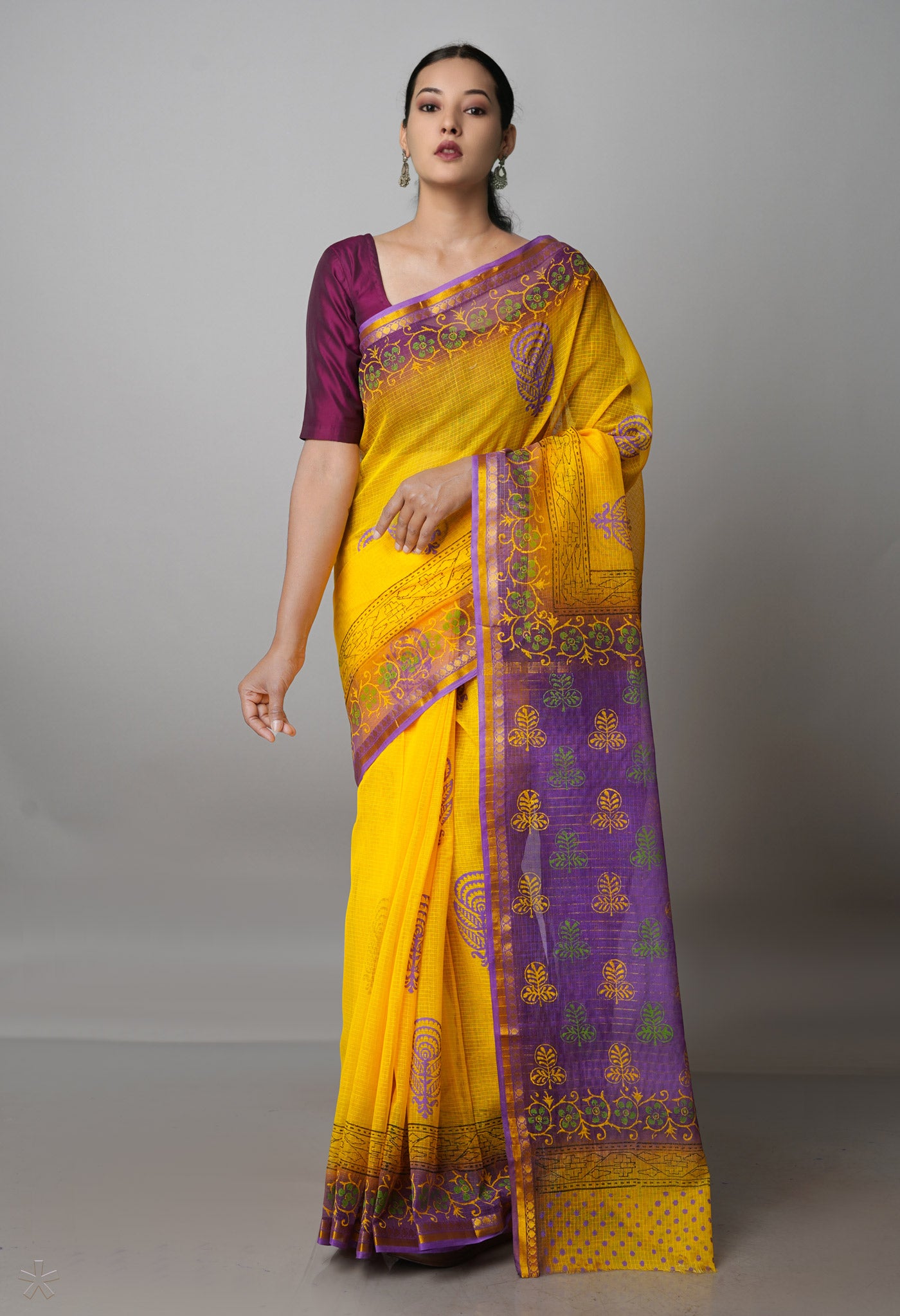 Yellow Pure  Block Printed Kota Cotton Saree-UNM69973