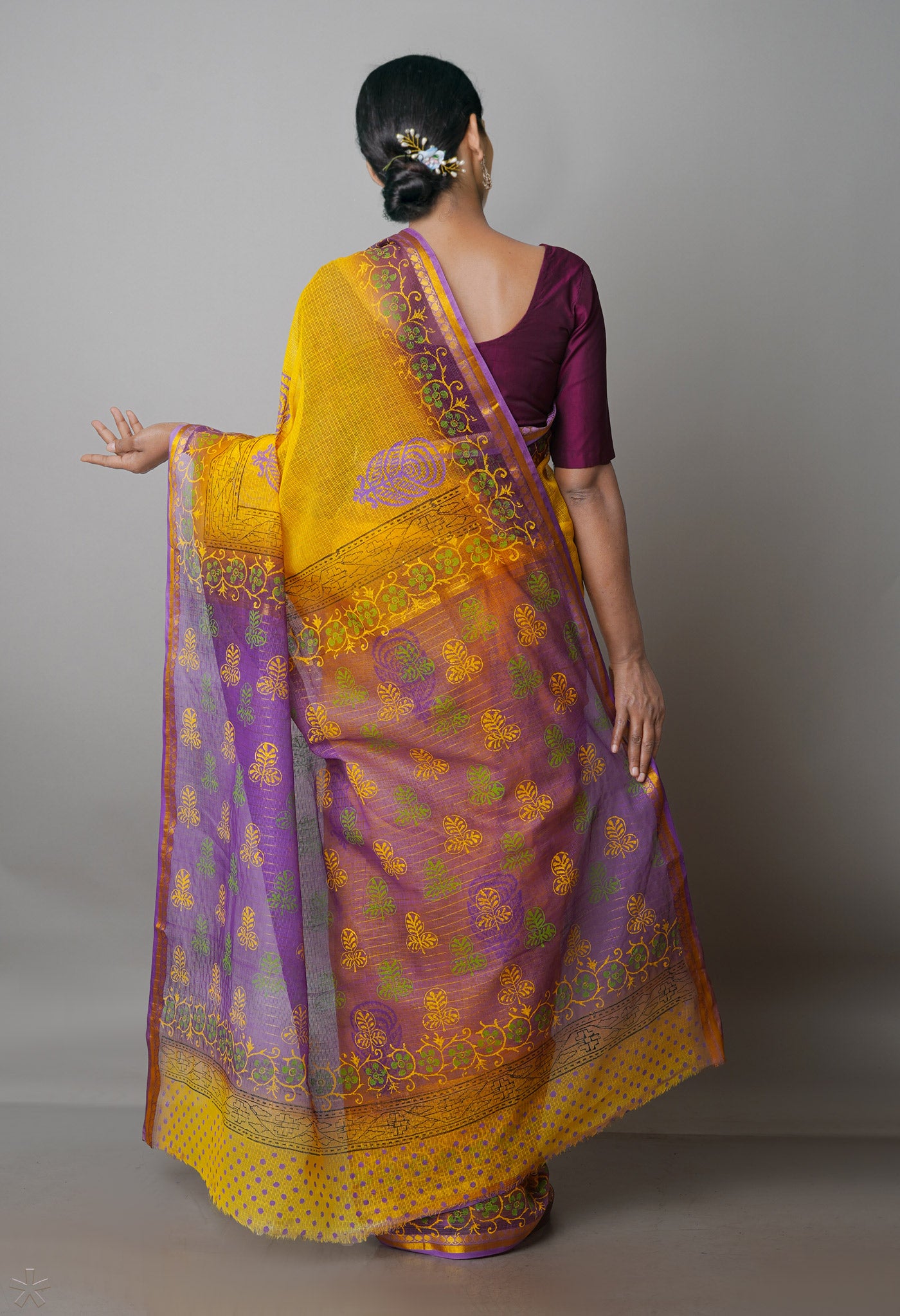 Yellow Pure  Block Printed Kota Cotton Saree-UNM69973