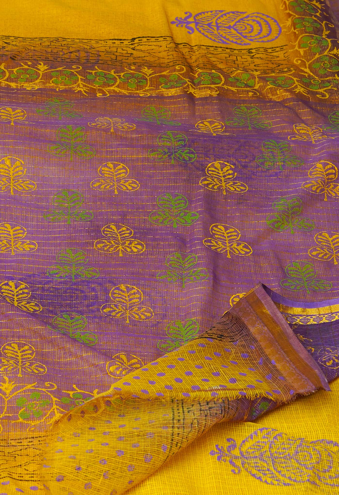 Yellow Pure  Block Printed Kota Cotton Saree-UNM69973