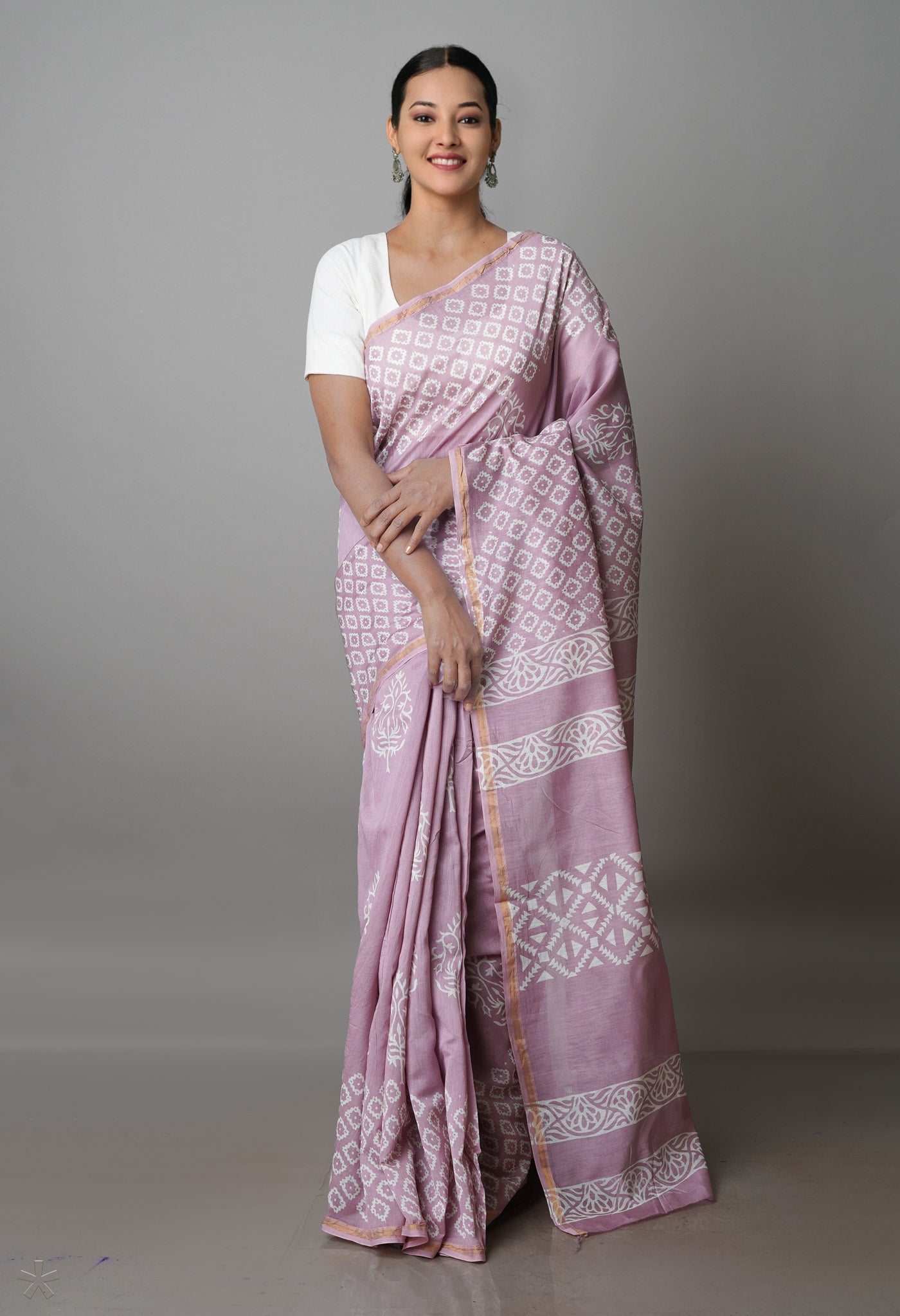 Pale Pink Pure  Block Printed Chanderi Sico Saree-UNM70021