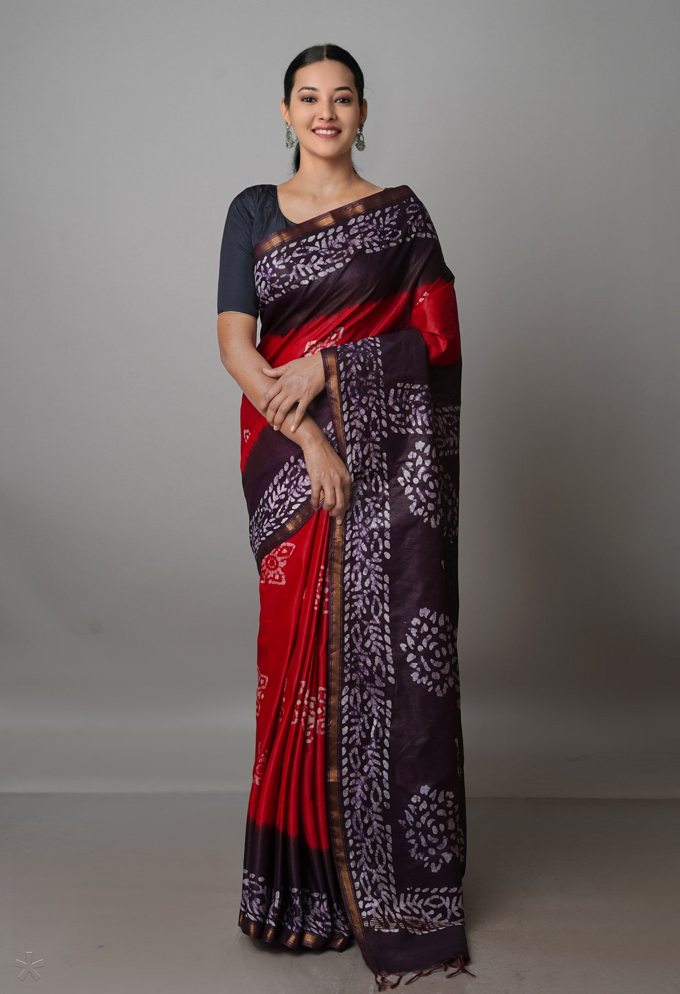 RedDark Purple Pure  Batik Chanderi Silk Saree-UNM70044