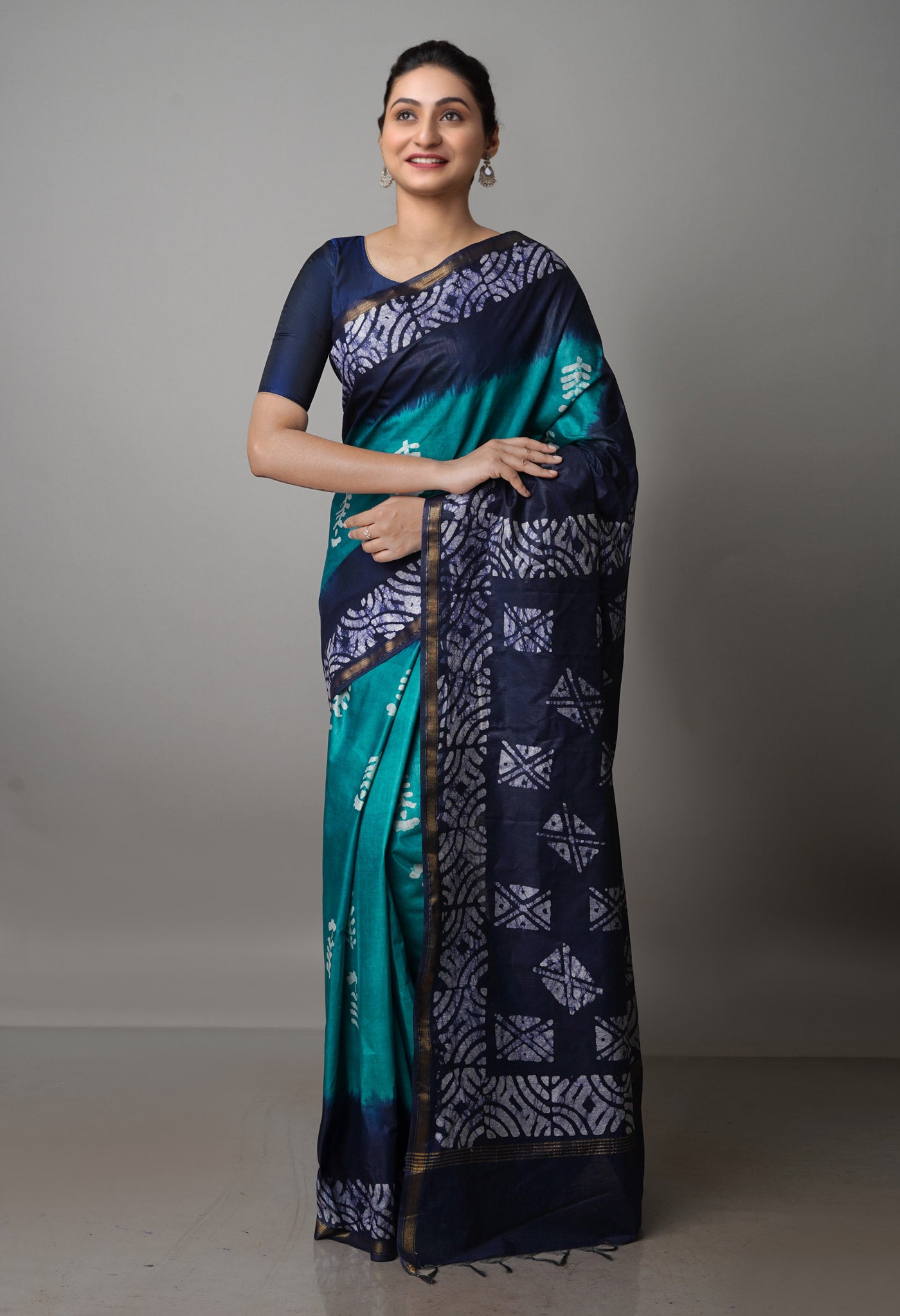 Sea GreenNavy Blue Pure  Batik Chanderi Silk Saree-UNM70049