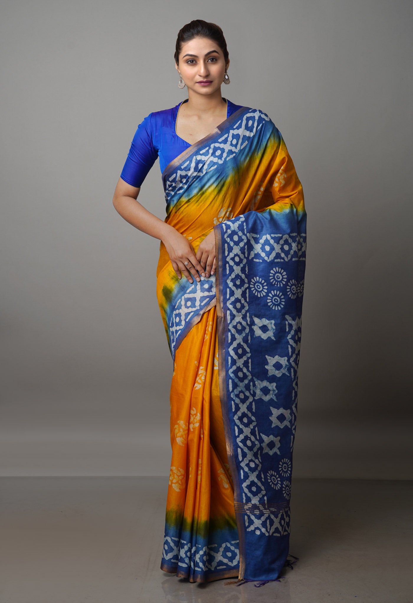 YellowSky Blue Pure  Batik Chanderi Silk Saree-UNM70052