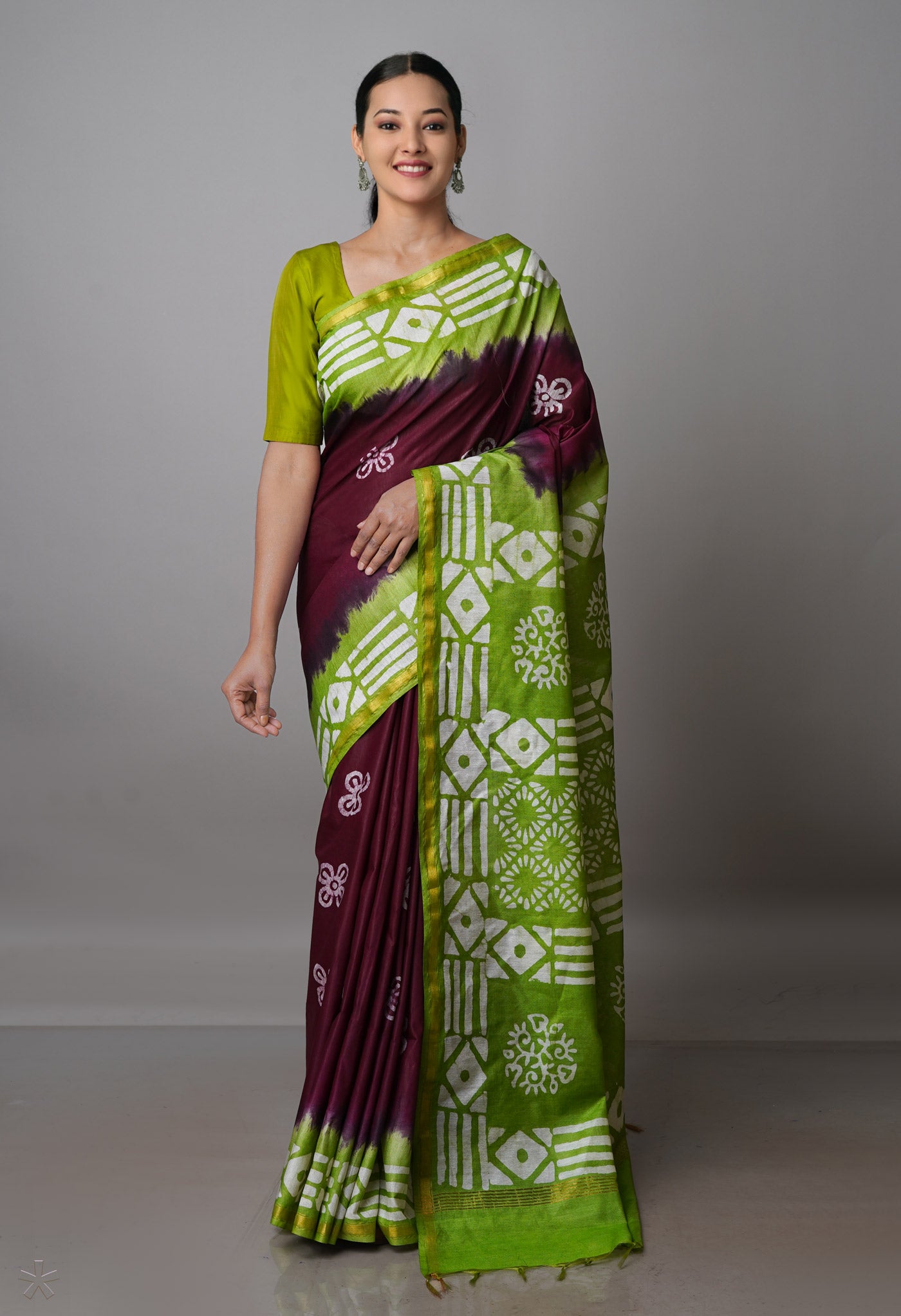 Wine Red-Green Pure  Batik Chanderi Silk Saree-UNM70056