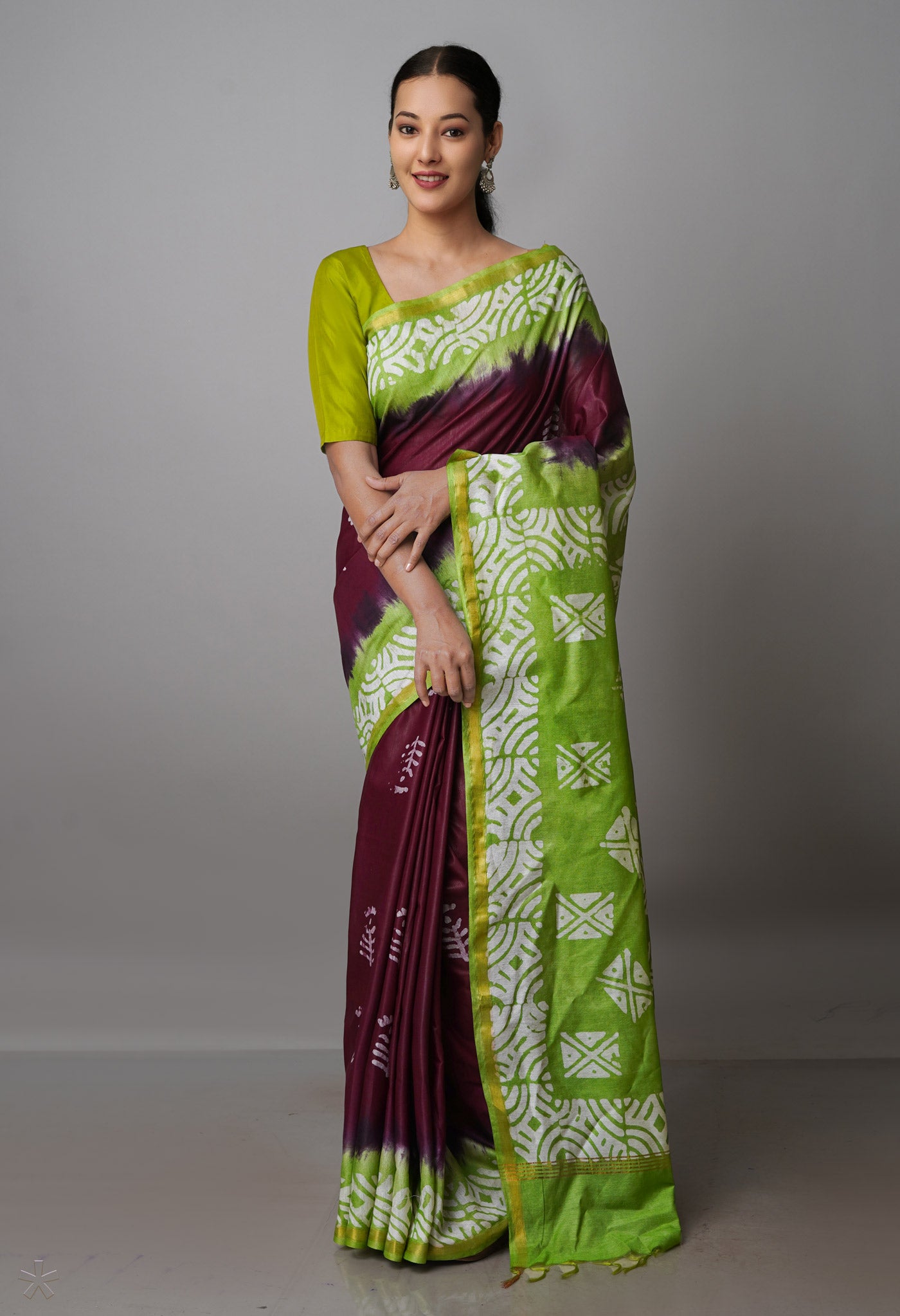 Wine Red-Green Pure  Batik Chanderi Silk Saree-UNM70058