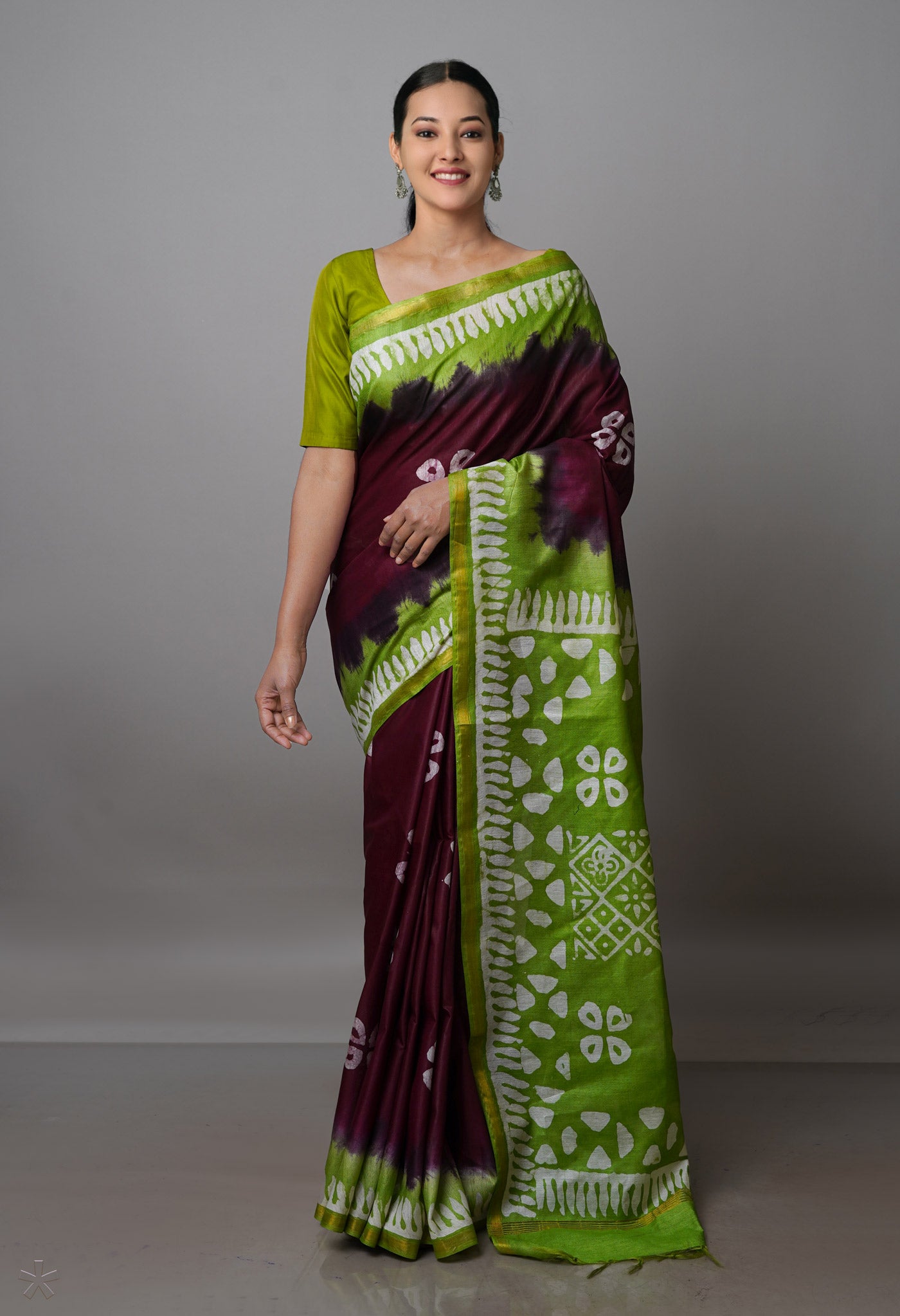 Wine Red-Green Pure  Batik Chanderi Silk Saree-UNM70071