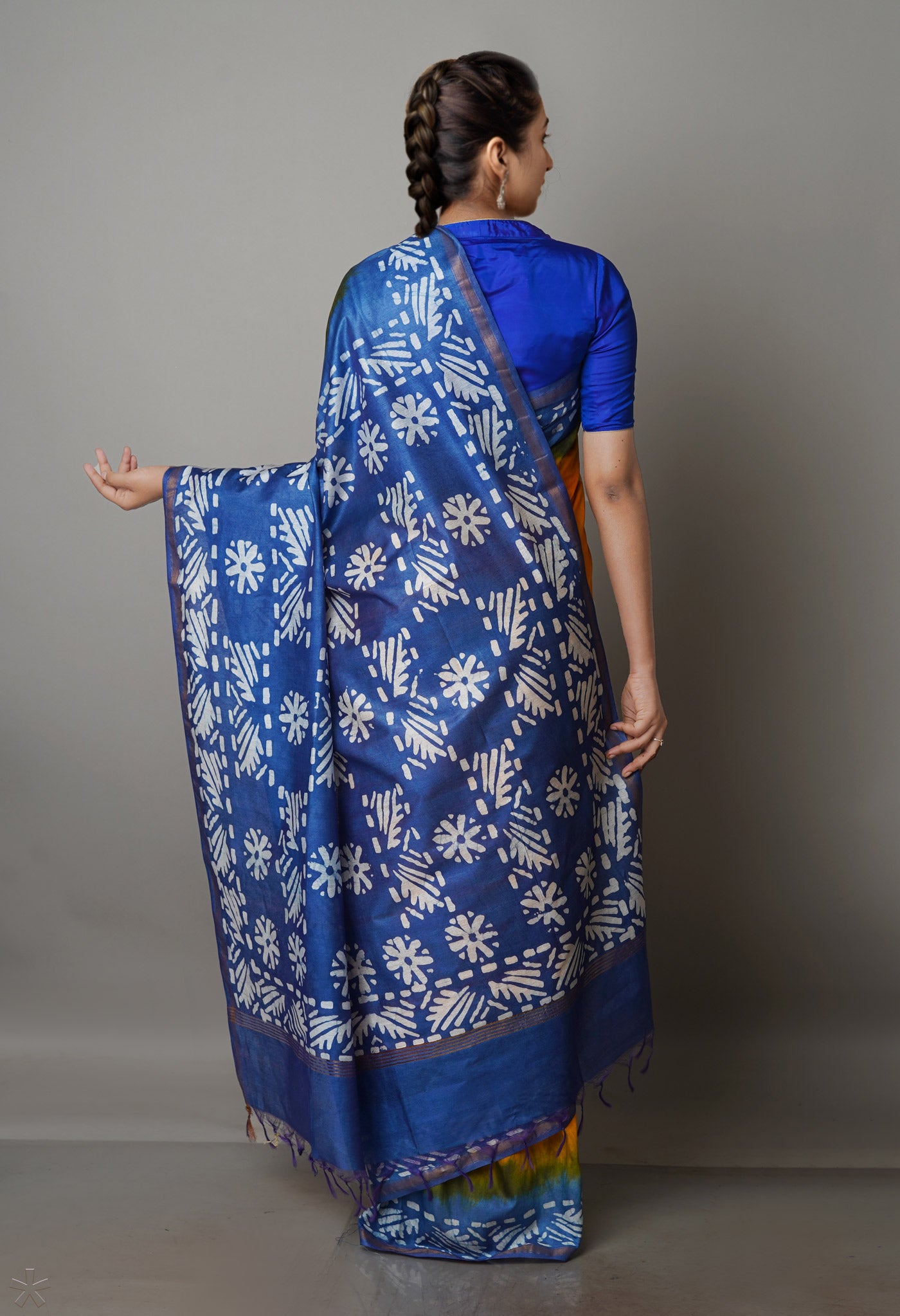 YellowSky Blue Pure  Batik Chanderi Silk Saree-UNM70075