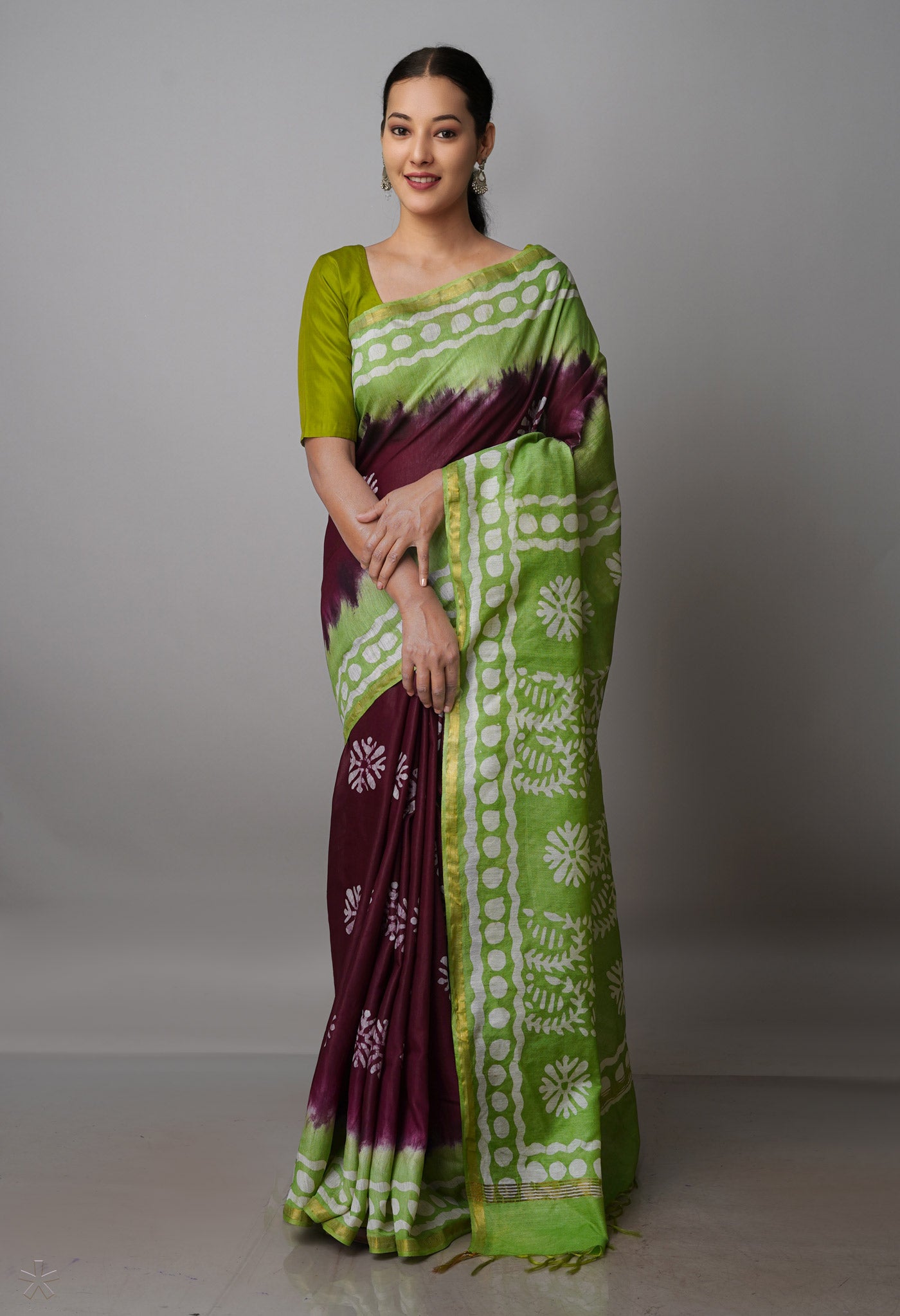 Wine Red-Green Pure  Batik Chanderi Silk Saree-UNM70076