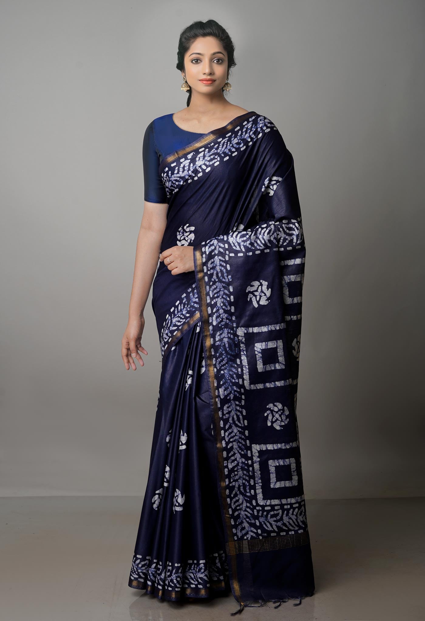 Navy Blue Pure  Batik Chanderi Silk Saree-UNM70090