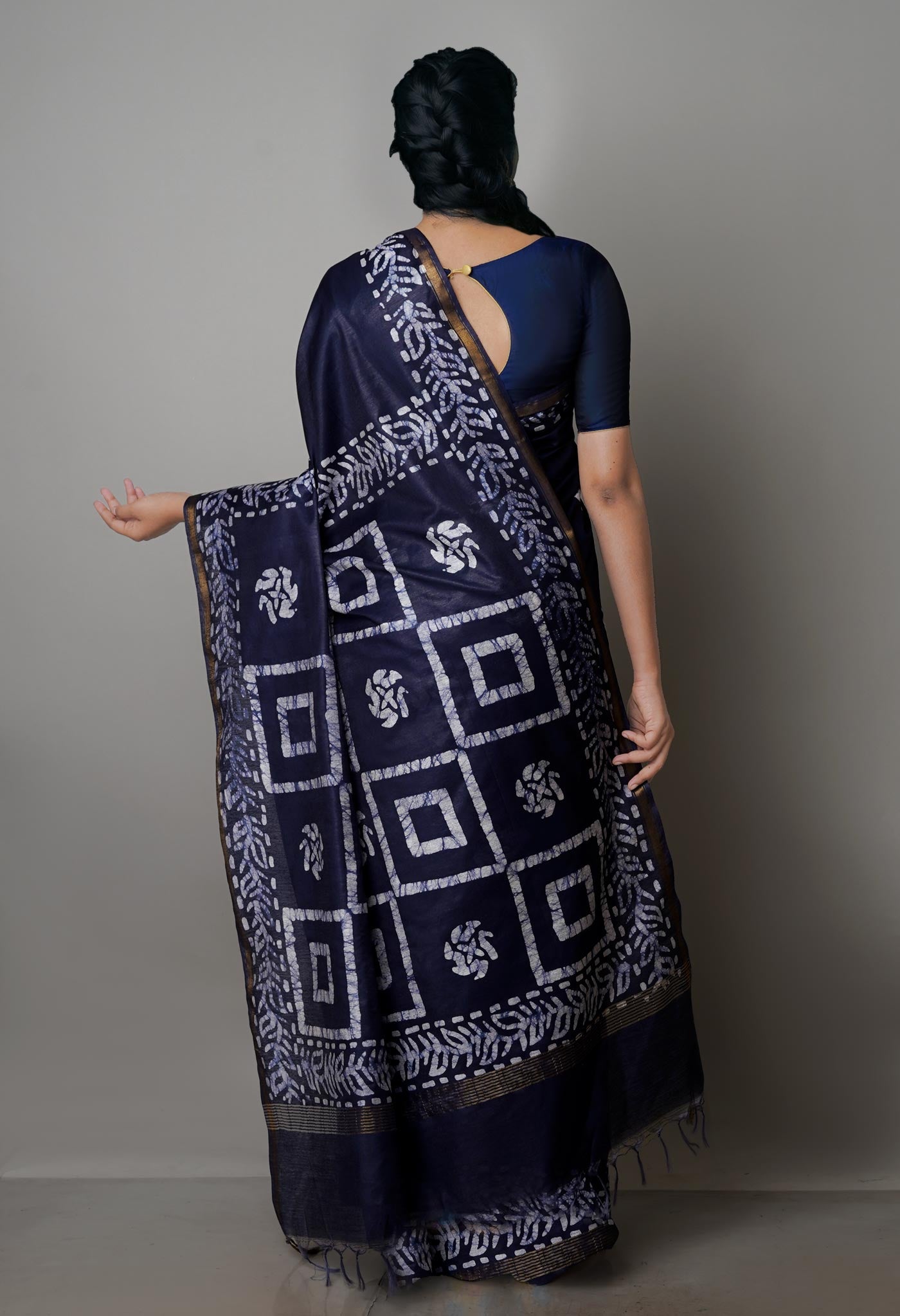 Navy Blue Pure  Batik Chanderi Silk Saree-UNM70090