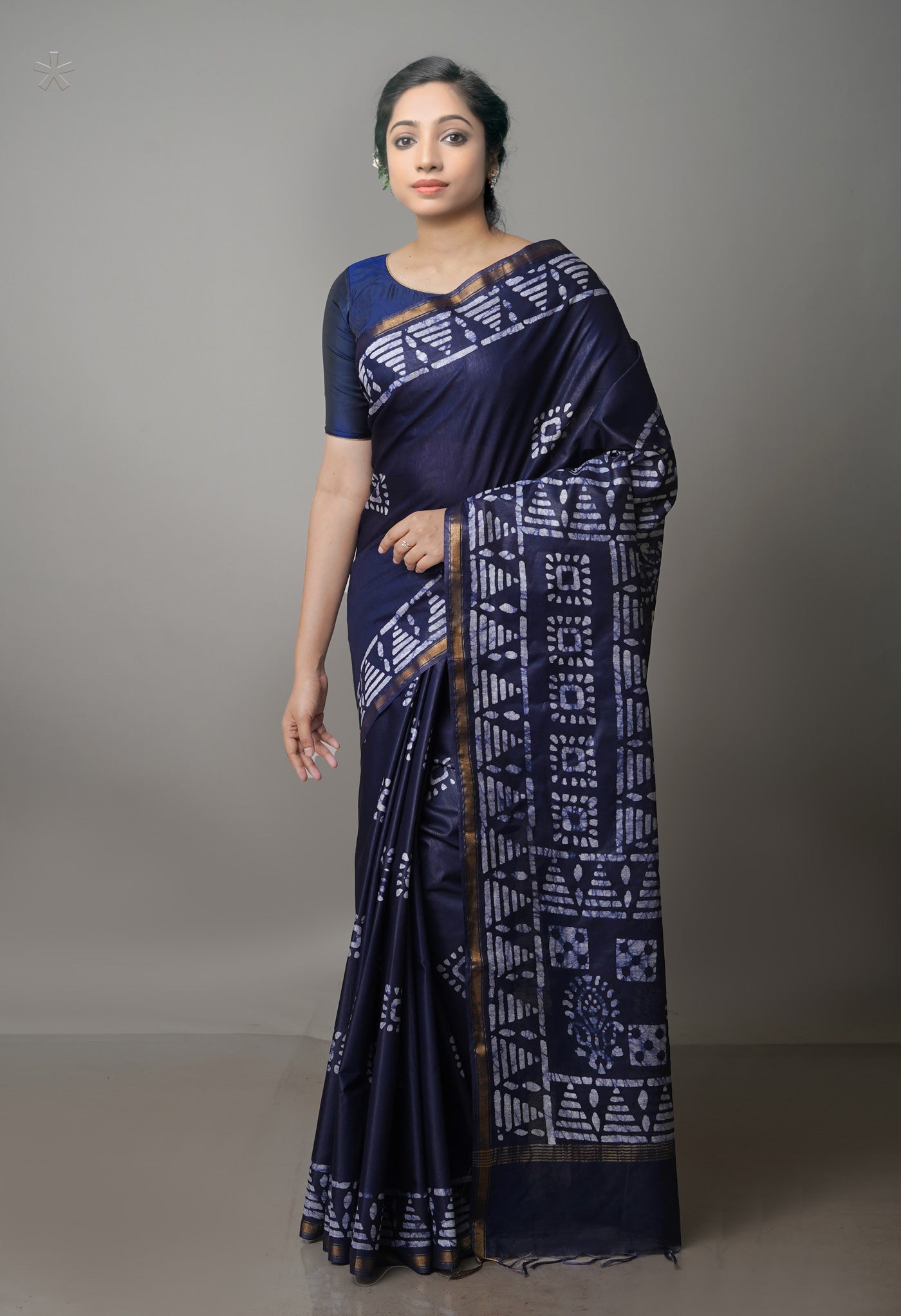 Navy Blue Pure  Batik Chanderi Silk Saree-UNM70112