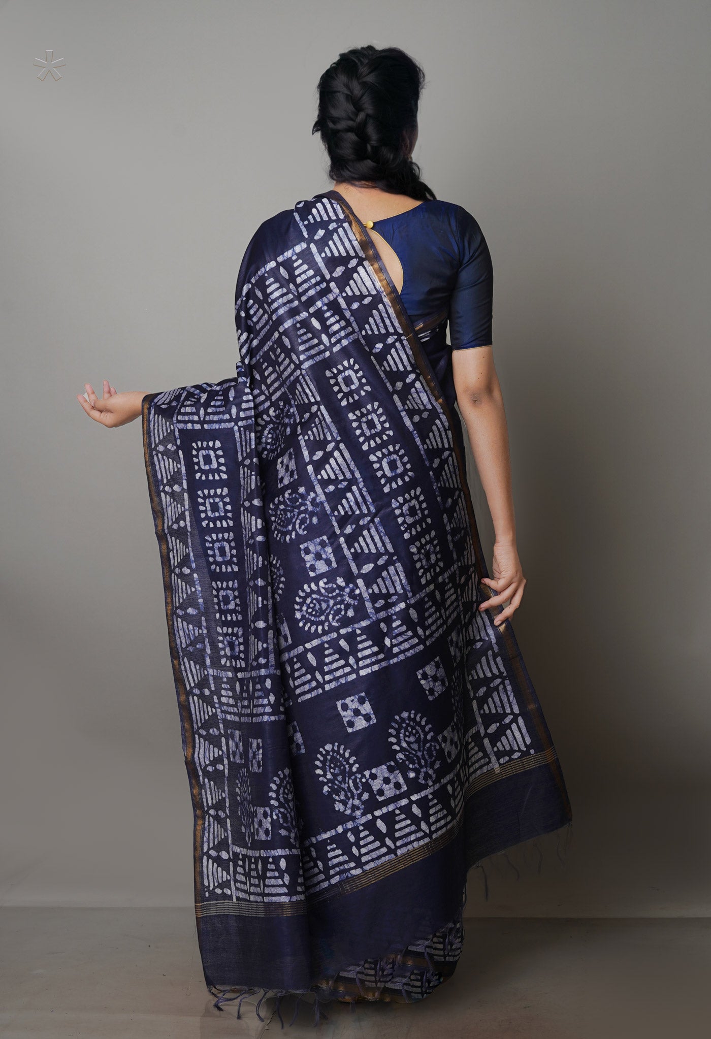 Navy Blue Pure  Batik Chanderi Silk Saree-UNM70112