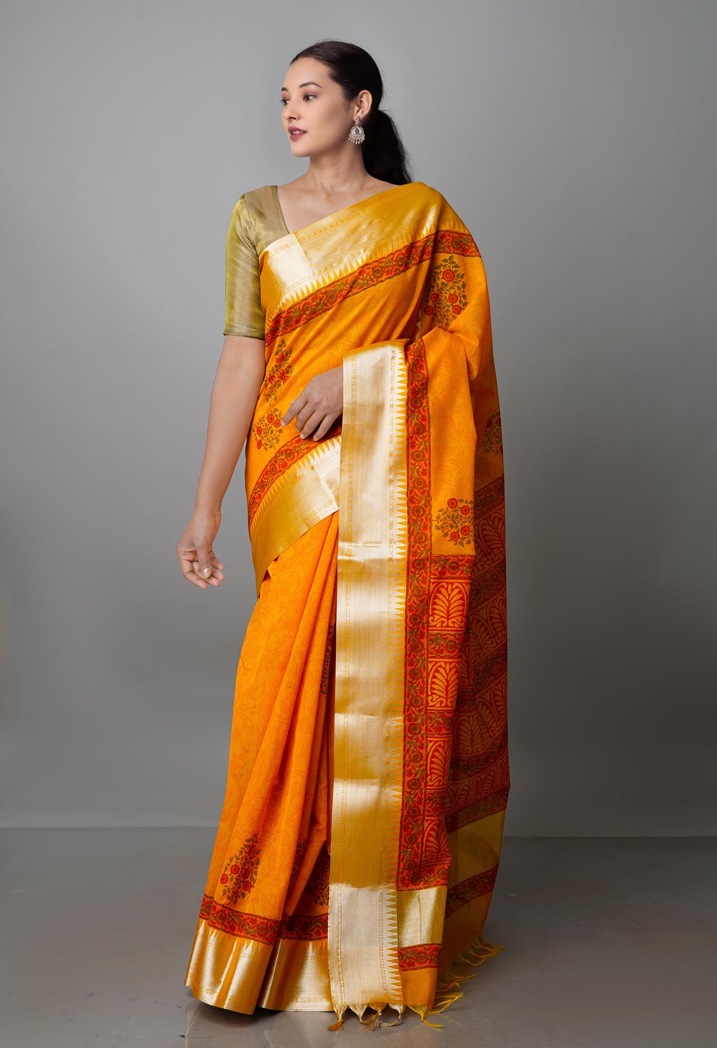 Turmeric Yellow Pure Handloom Chanderi  Sico Saree-UNM70133