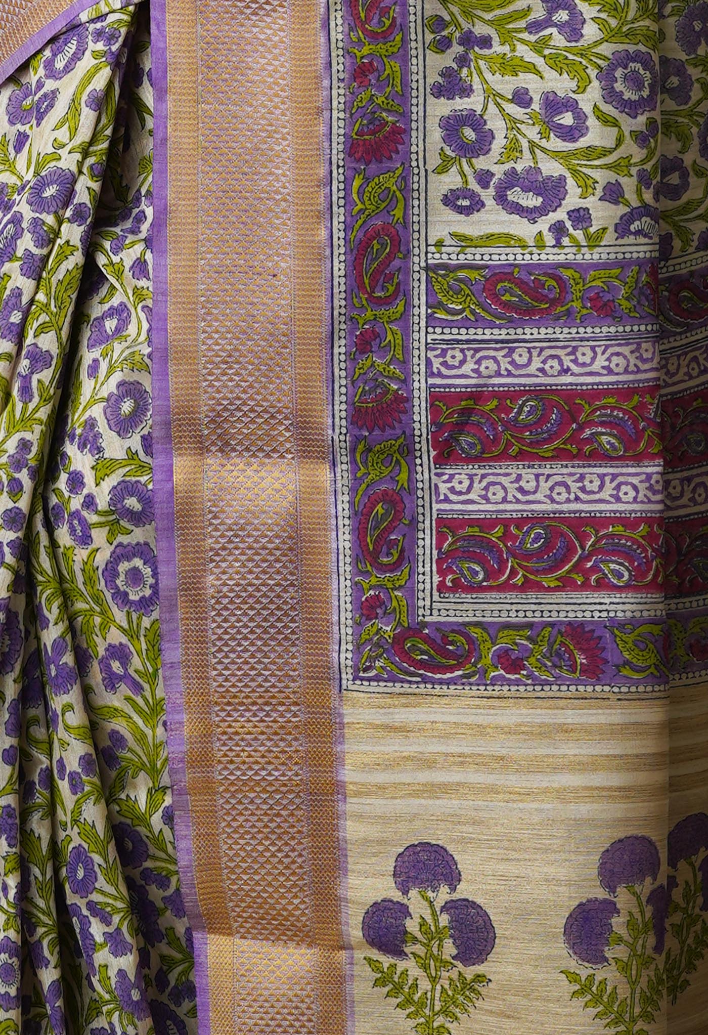 Cream Pure Handloom Bengal Tussar Silk Saree-UNM70218