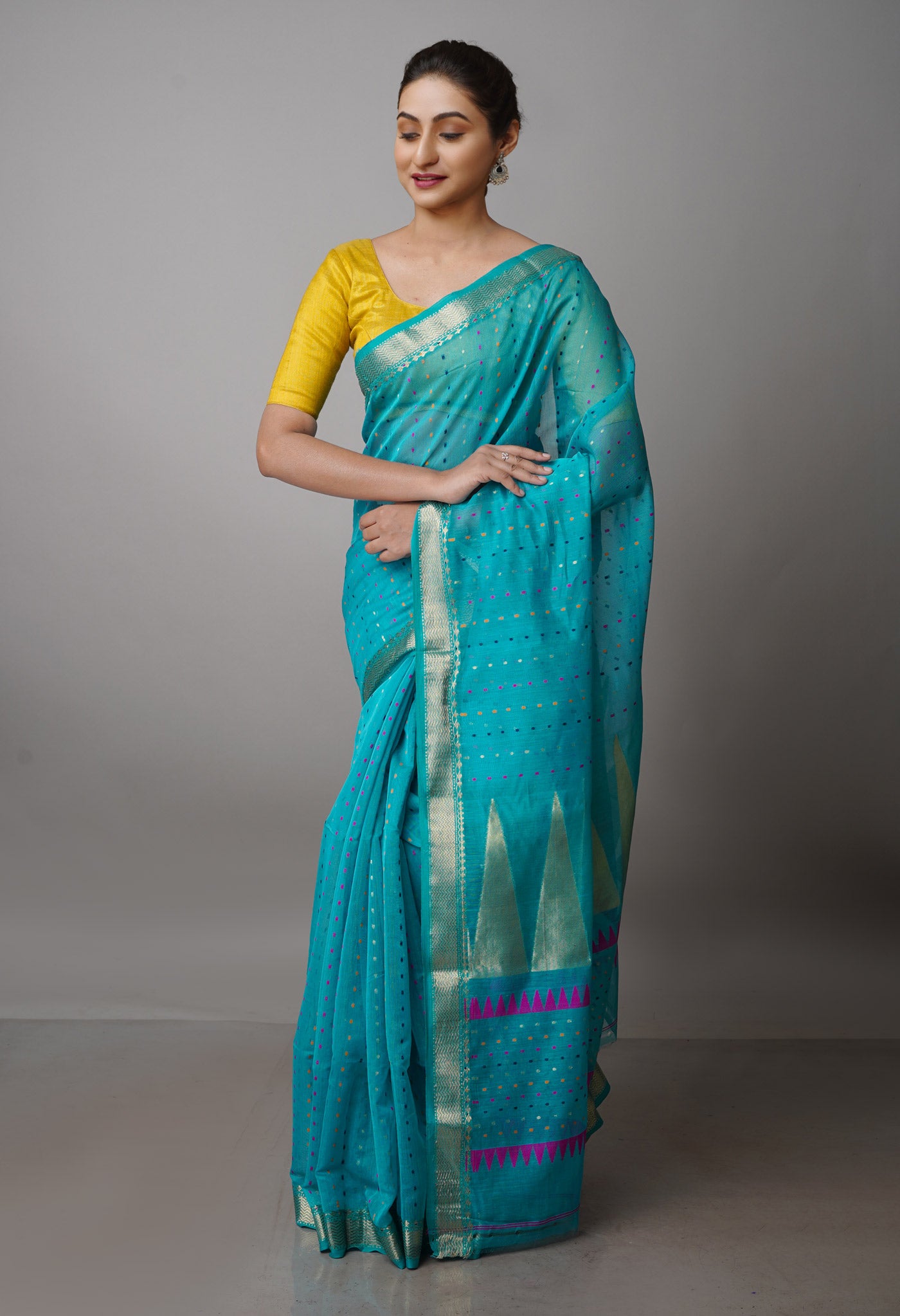 Green Pure Handloom Dhakai Jamdhani Cotton Silk Saree