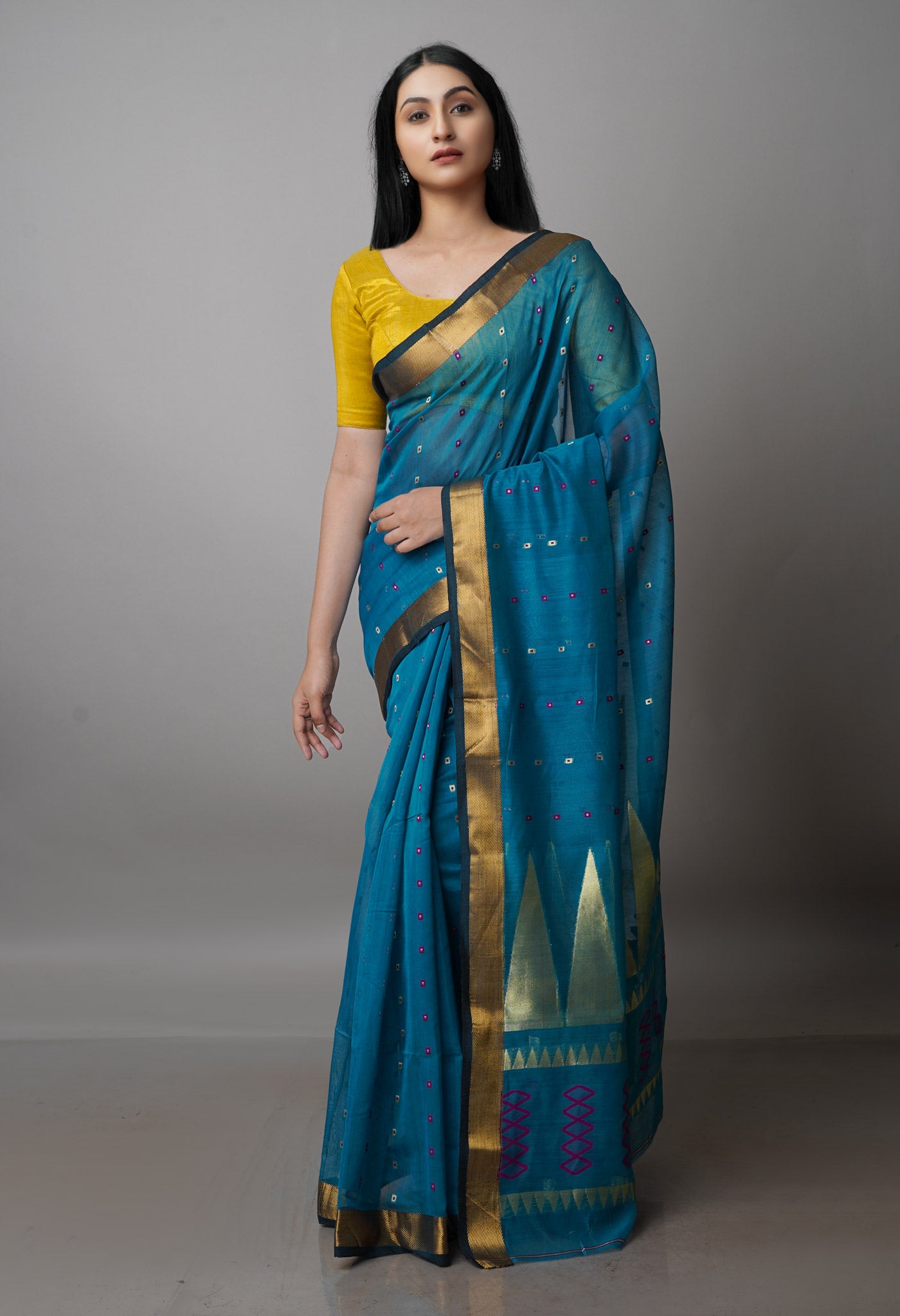 Sky Blue Pure Handloom Dhakai Jamdhani Cotton Silk Saree-UNM70233