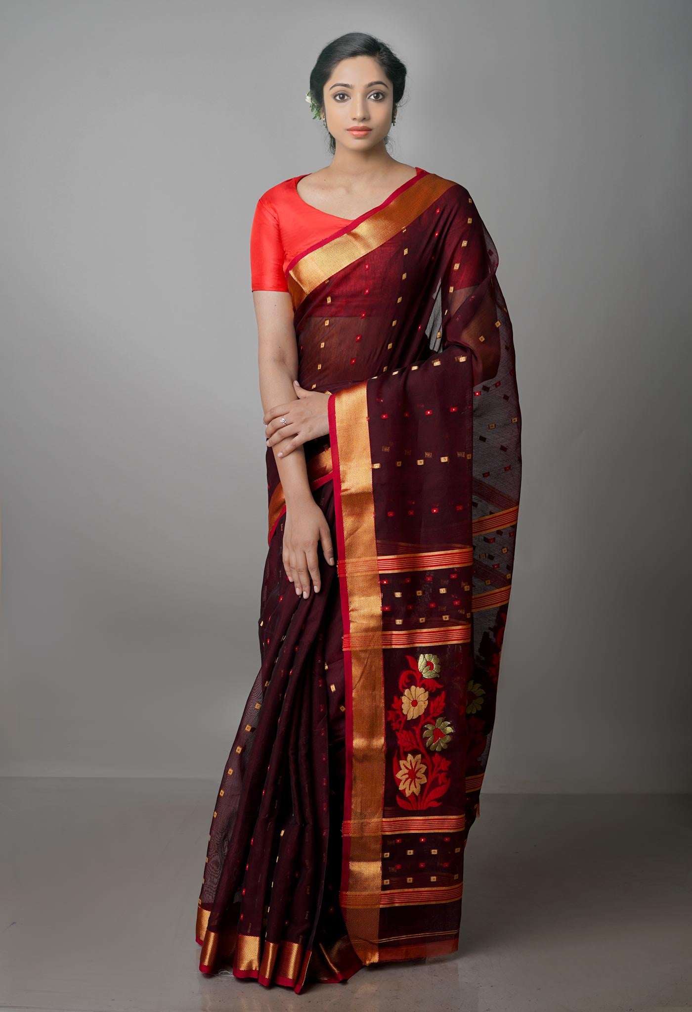 Burgundy Pure Handloom Dhakai Jamdhani Cotton Silk Saree-UNM70260