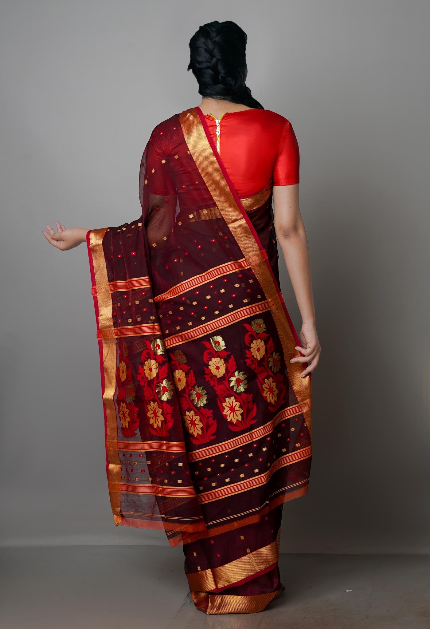 Burgundy Pure Handloom Dhakai Jamdhani Cotton Silk Saree-UNM70260