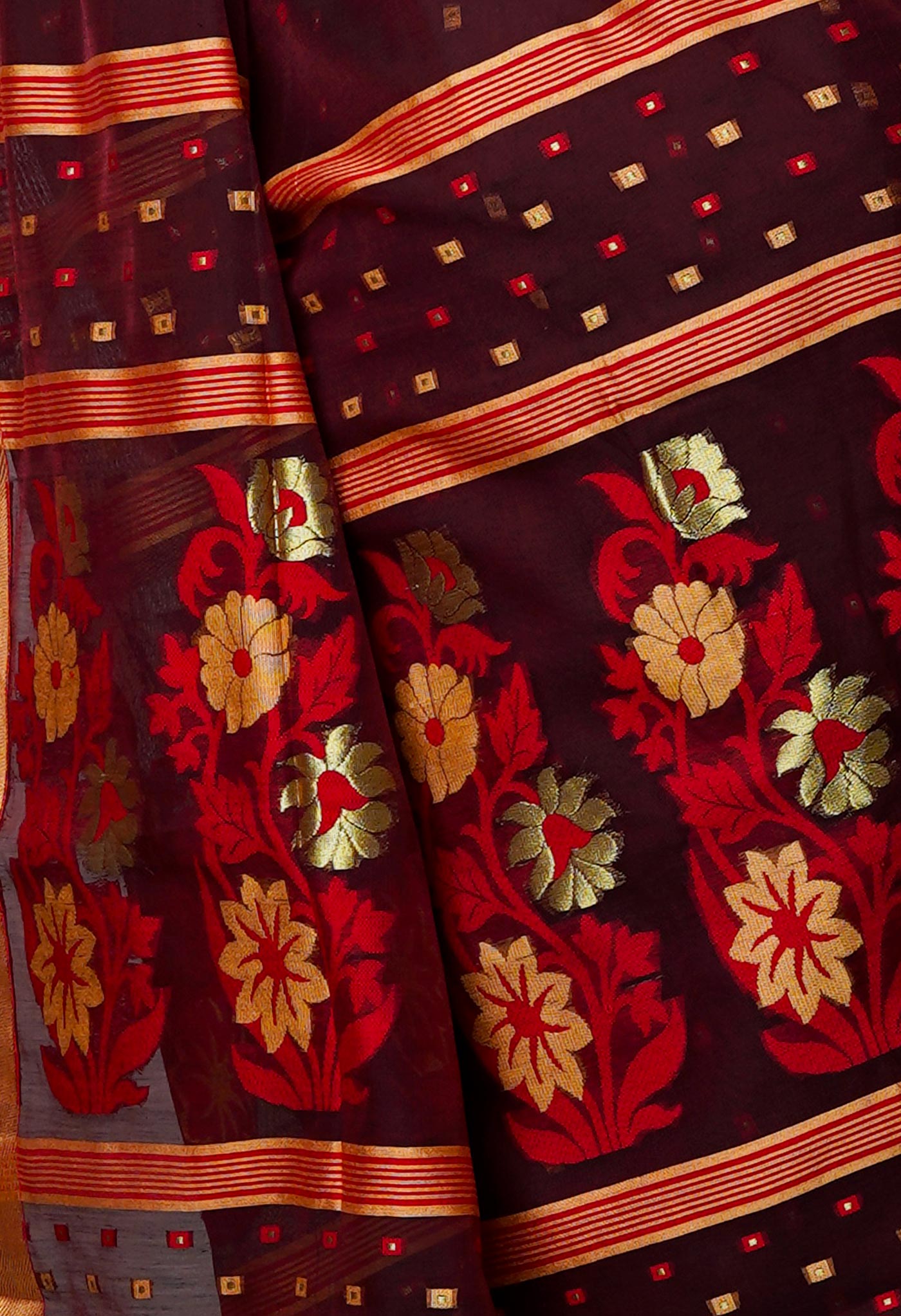 Burgundy Pure Handloom Dhakai Jamdhani Cotton Silk Saree-UNM70260