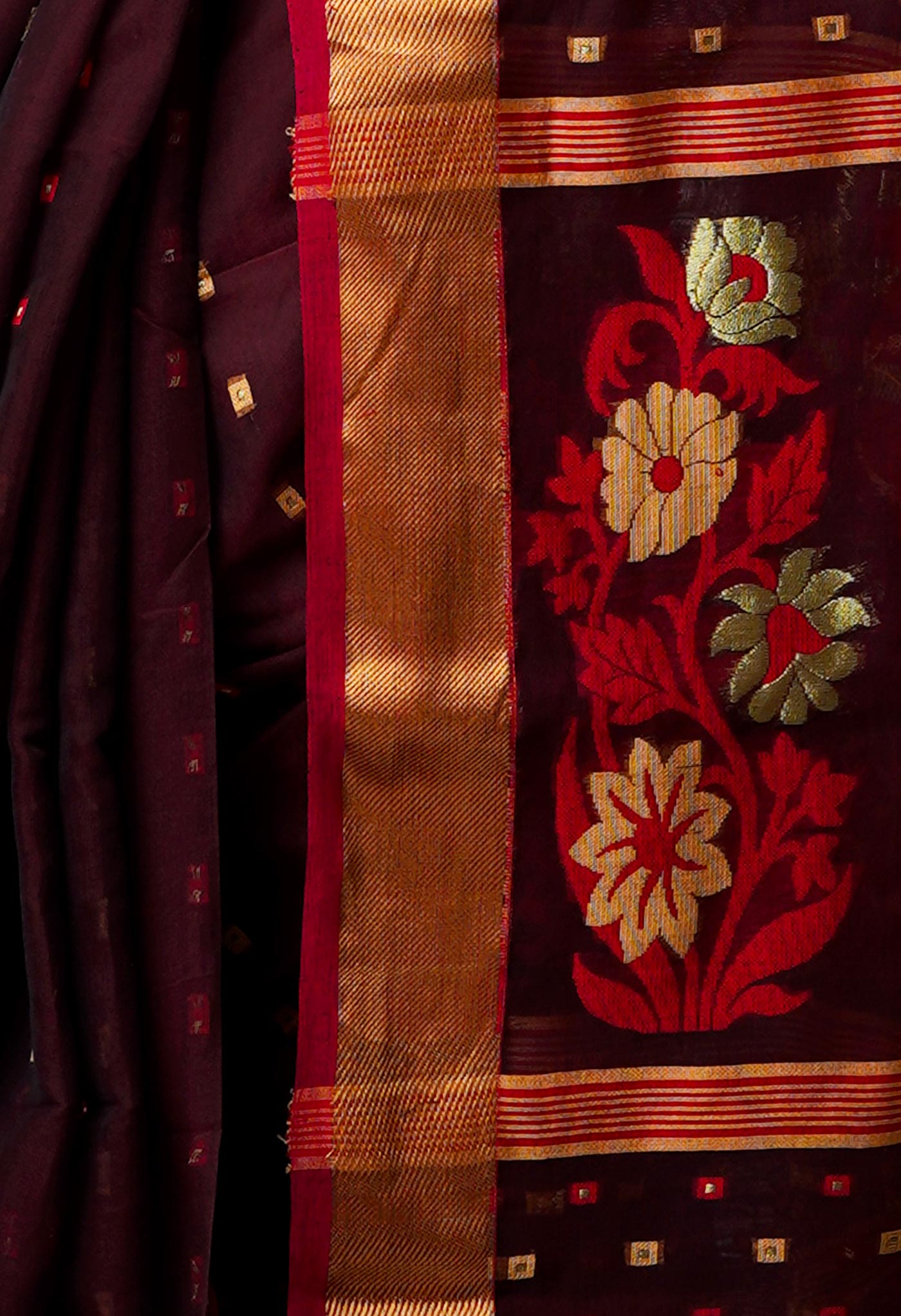 Burgundy Pure Handloom Dhakai Jamdhani Cotton Silk Saree-UNM70260