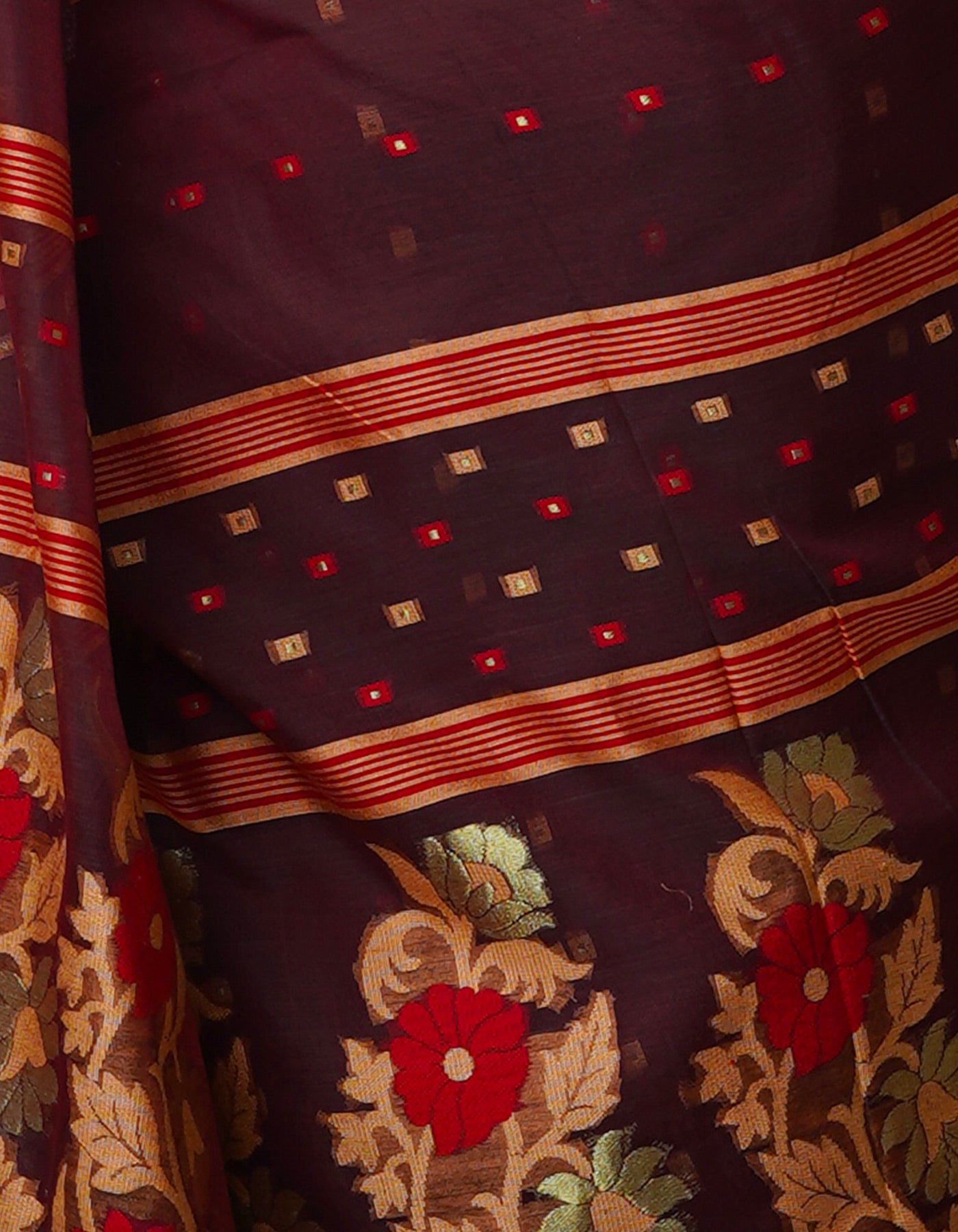 Burgundy Pure Handloom Dhakai Jamdhani Cotton Silk Saree