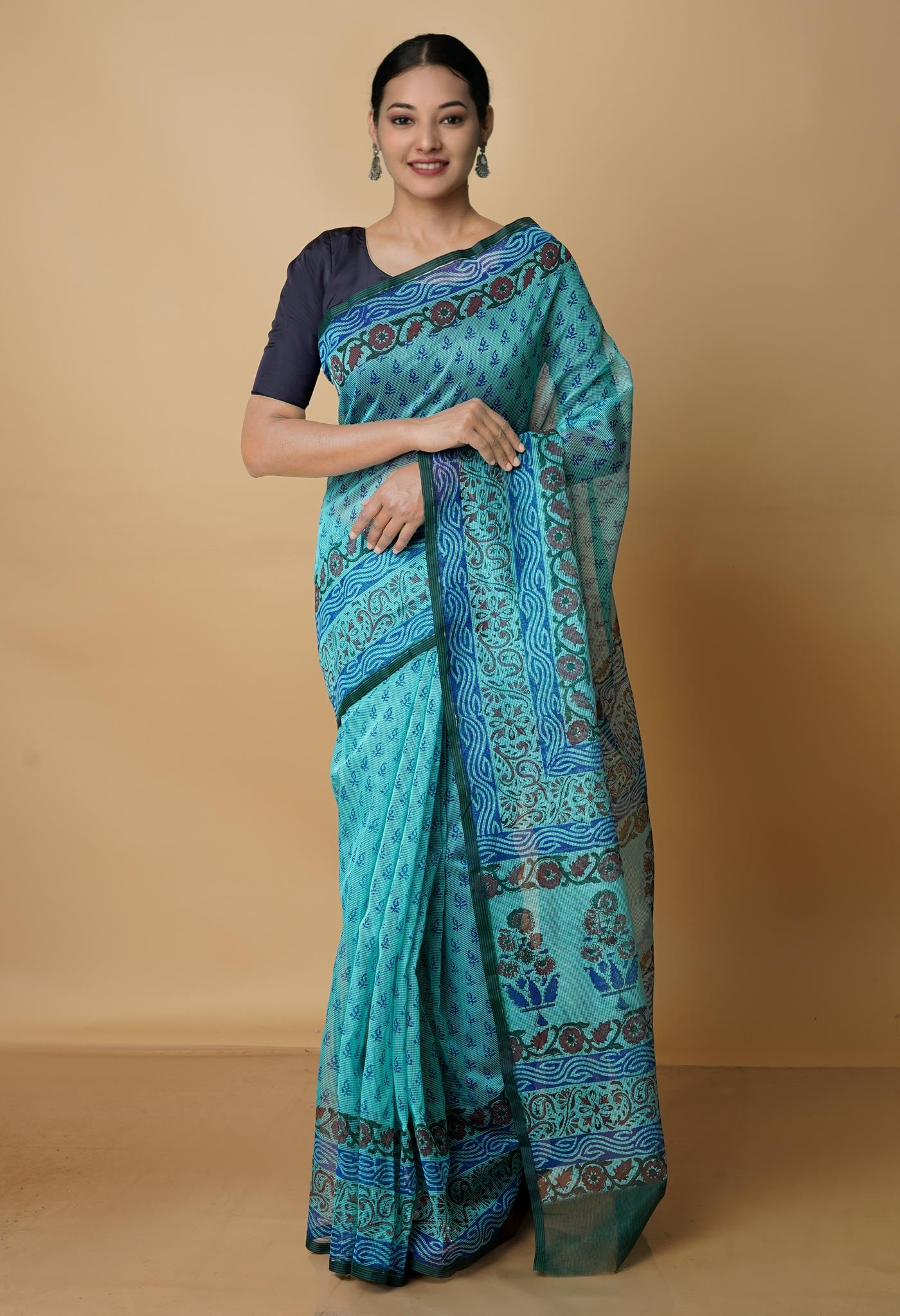 Buy Tiffany Blue Block Printed Meghalaya Supernet Saree-UNM70368 Online ...