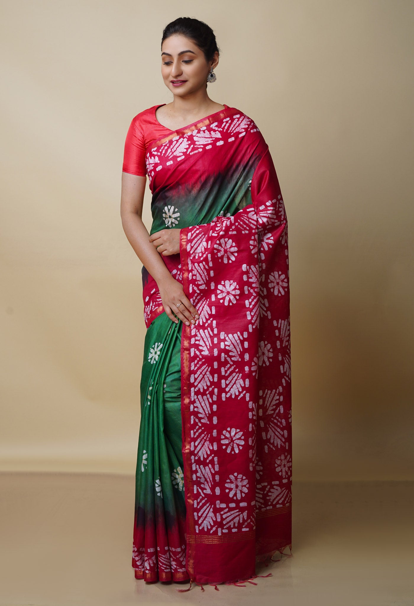 Green-Red Pure  Batik Chanderi Silk Saree-UNM70467