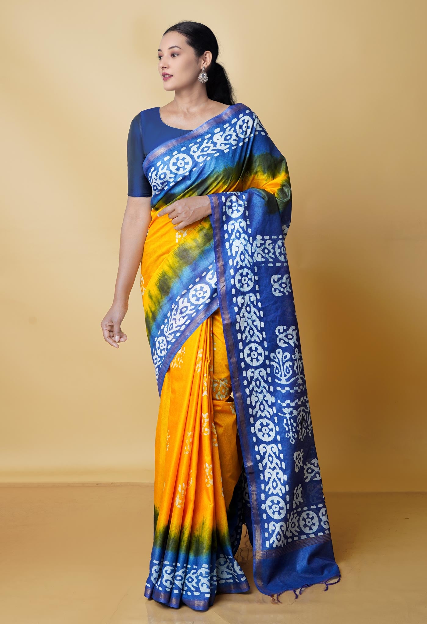 Yellow-Sky Blue Pure  Batik Chanderi Silk Saree-UNM70471