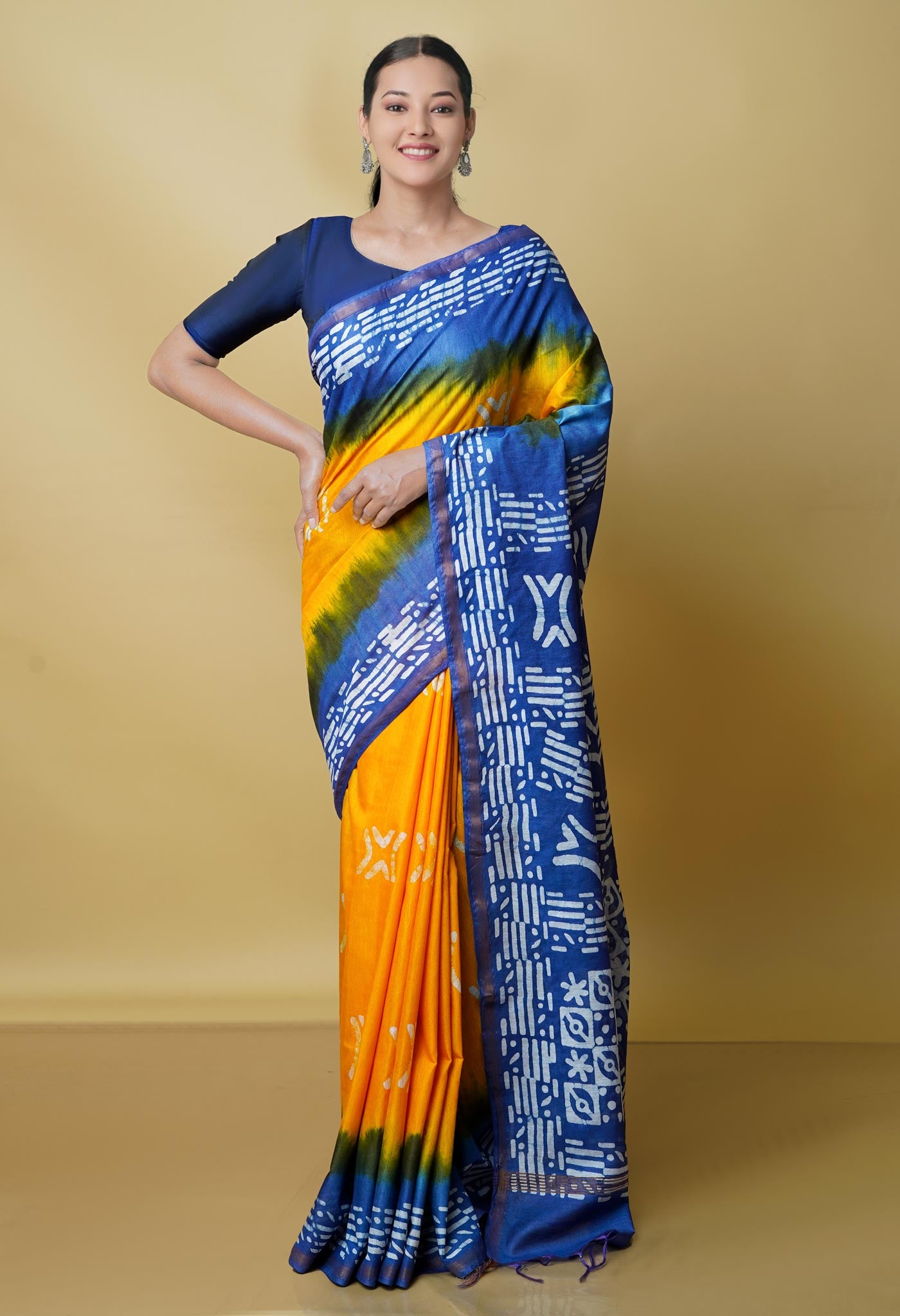 Yellow-Sky Blue Pure  Batik Chanderi Silk Saree-UNM70486