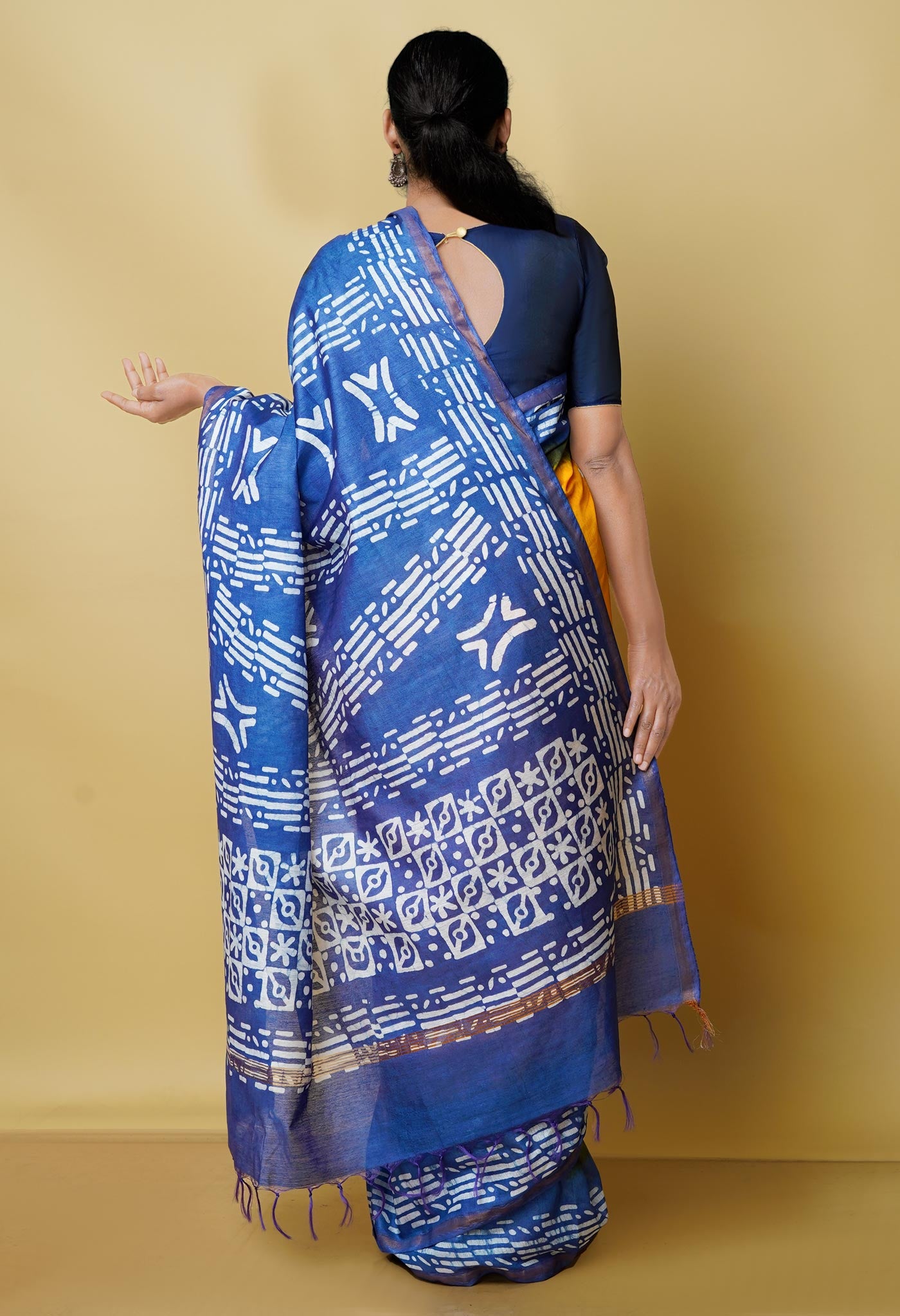 Yellow-Sky Blue Pure  Batik Chanderi Silk Saree-UNM70486