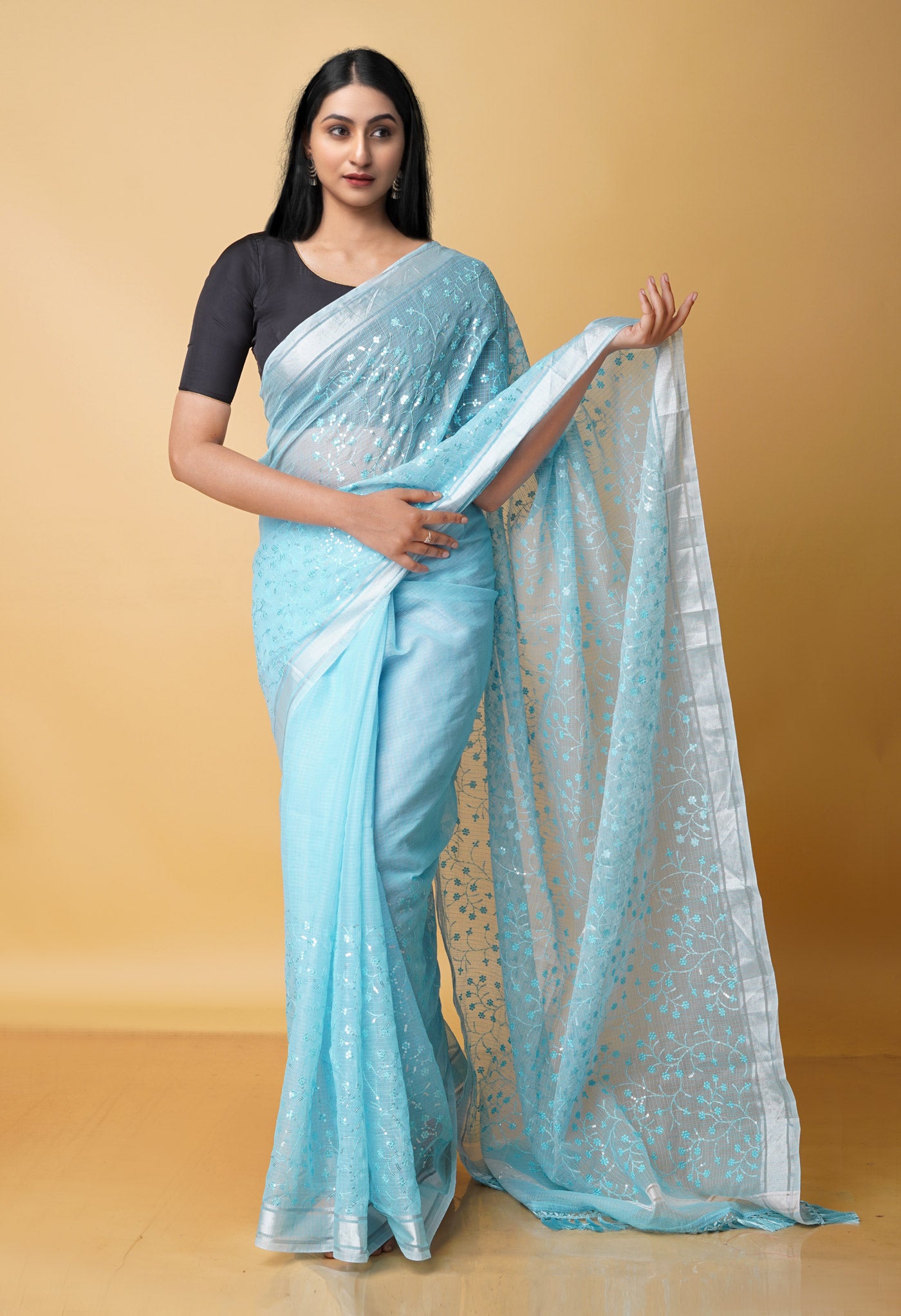 Sky Blue Pure  Kota With Sequence Embroidery cotton Saree-UNM70569