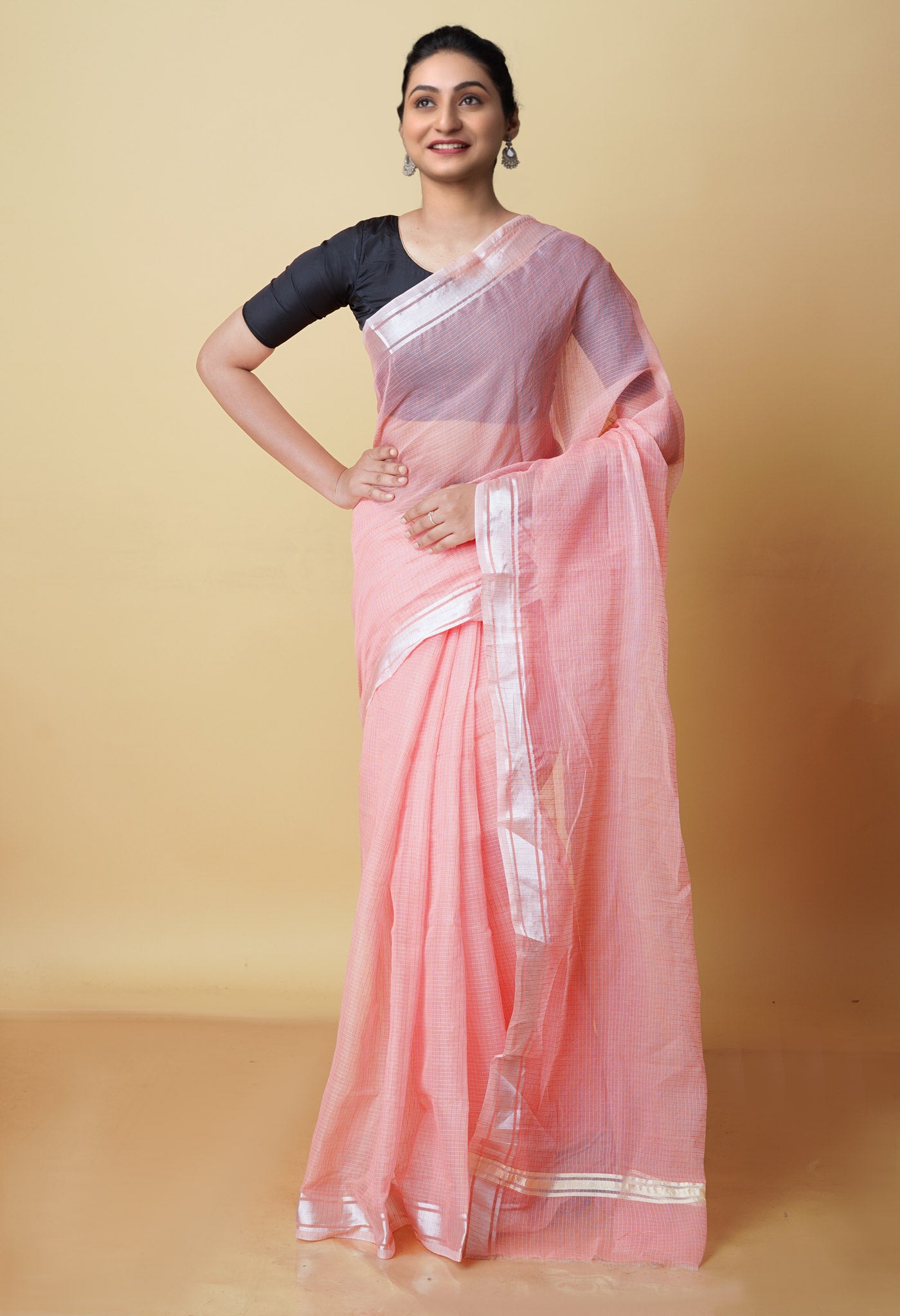 Peach Pink Pure Plain Kota Cotton Saree