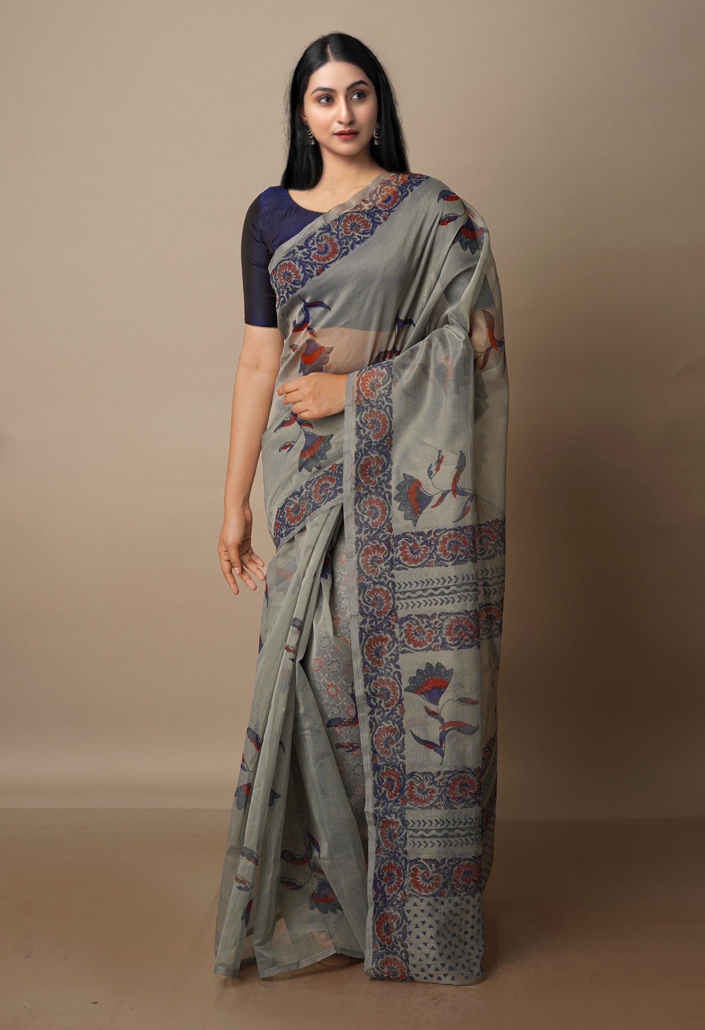 Grey Block Printed Meghalaya Supernet Saree With Ajrakh Blouse Piece-UNM70651