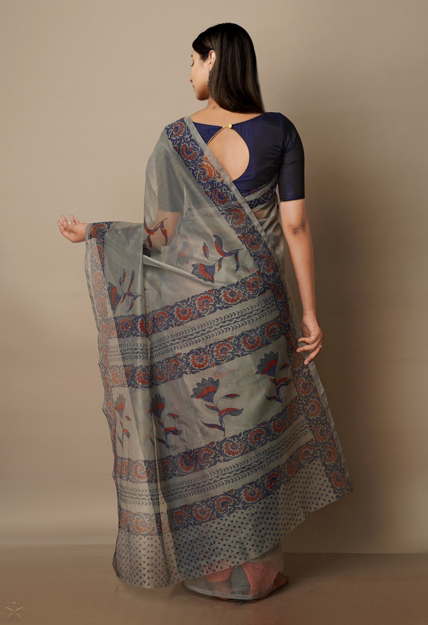 Grey Block Printed Meghalaya Supernet Saree With Ajrakh Blouse Piece-UNM70651