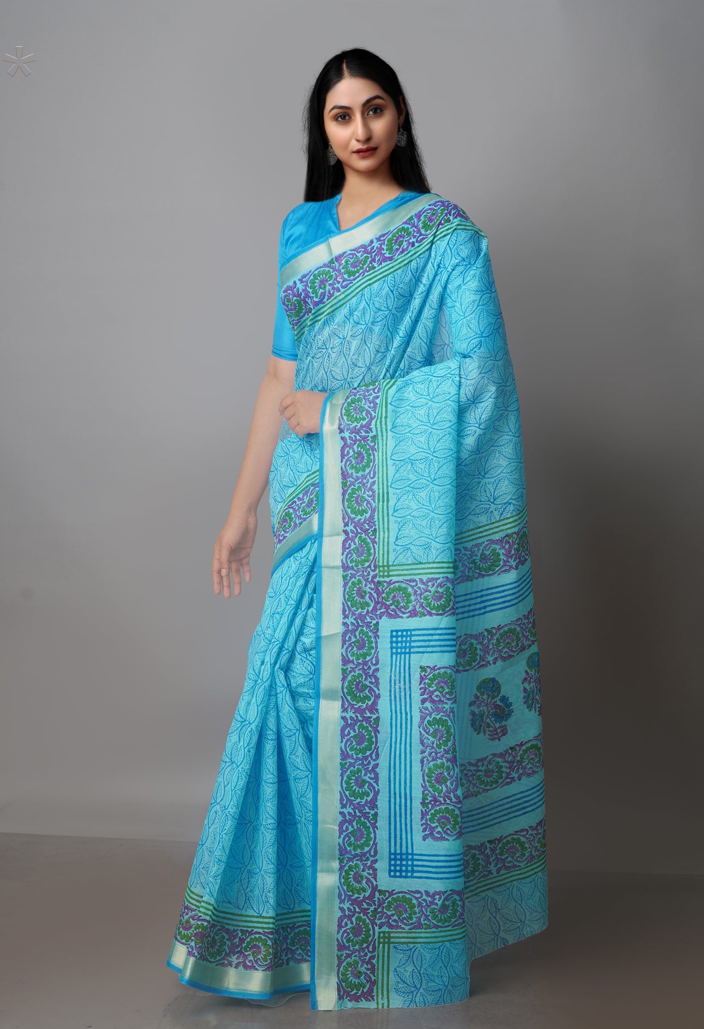 Blue Block Printed Chanderi Sico Saree-UNM70679